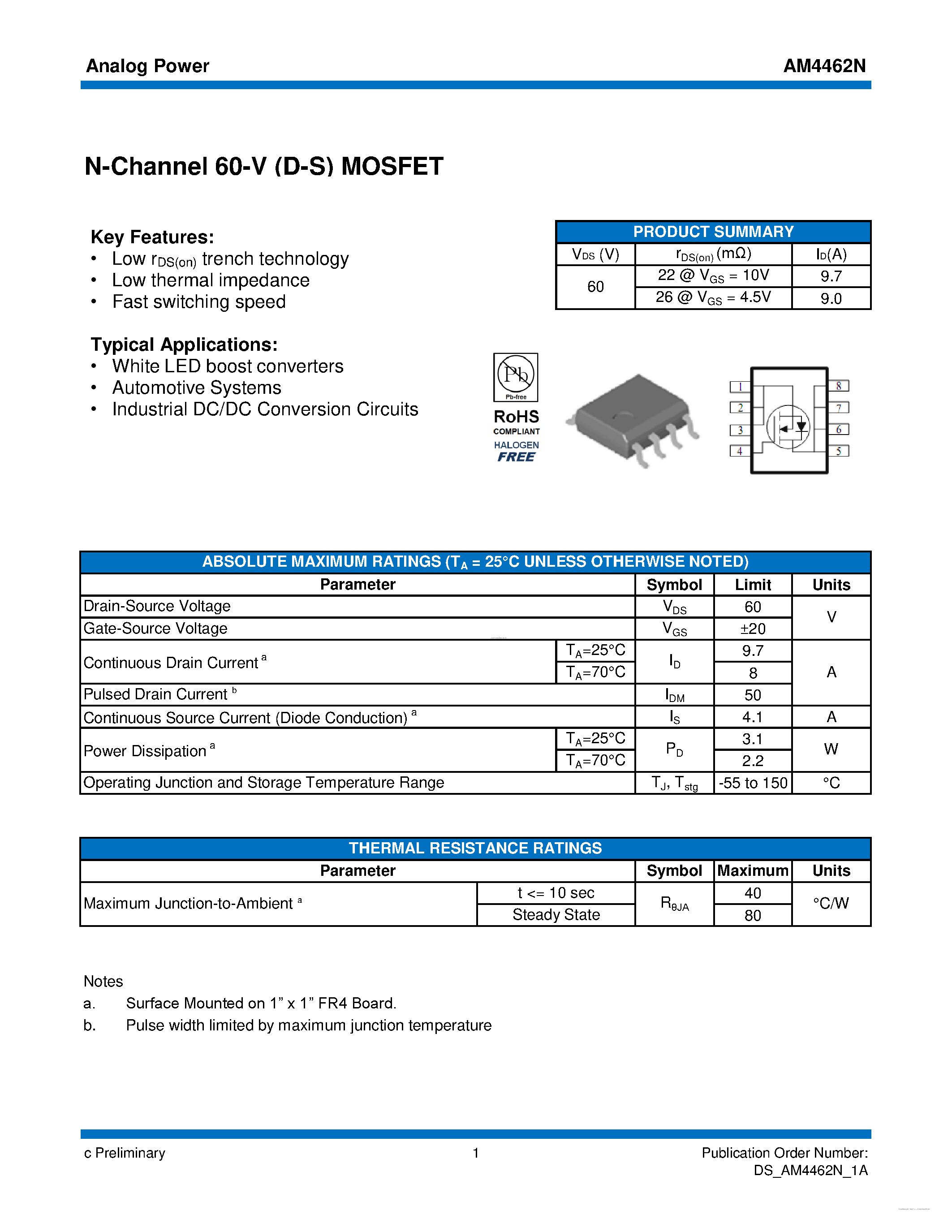 Даташит AM4462N - MOSFET страница 1