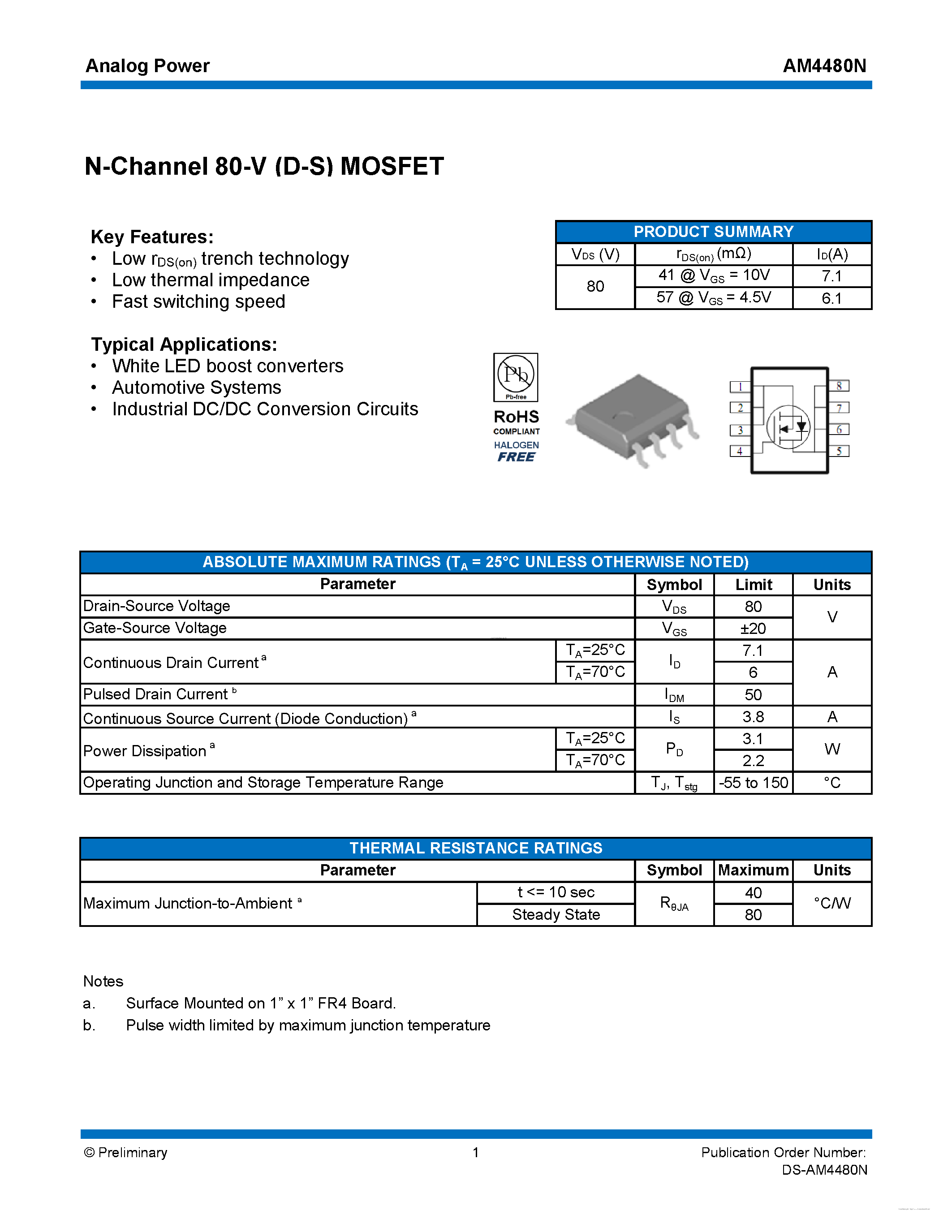 Даташит AM4480N - MOSFET страница 1