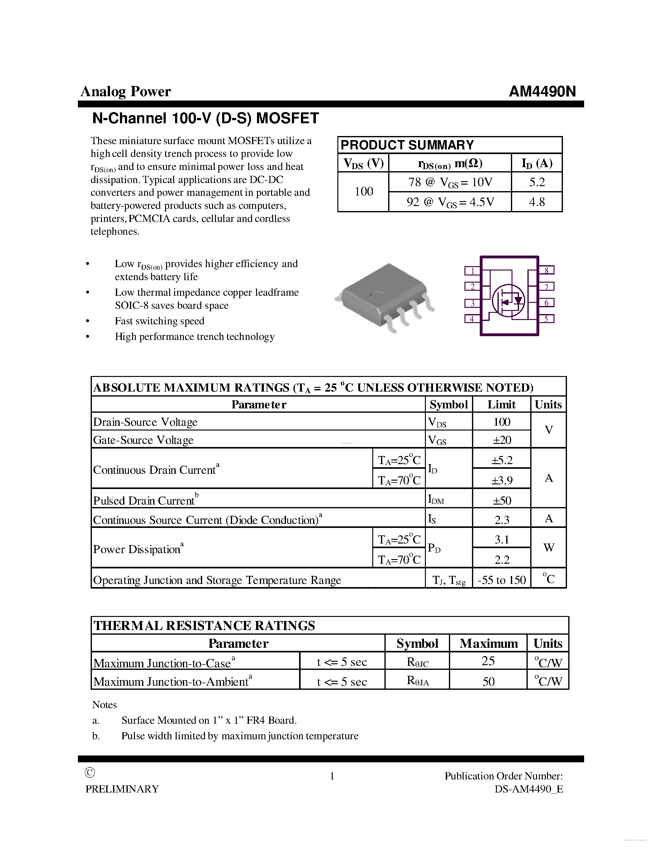 Даташит AM4490N - MOSFET страница 1