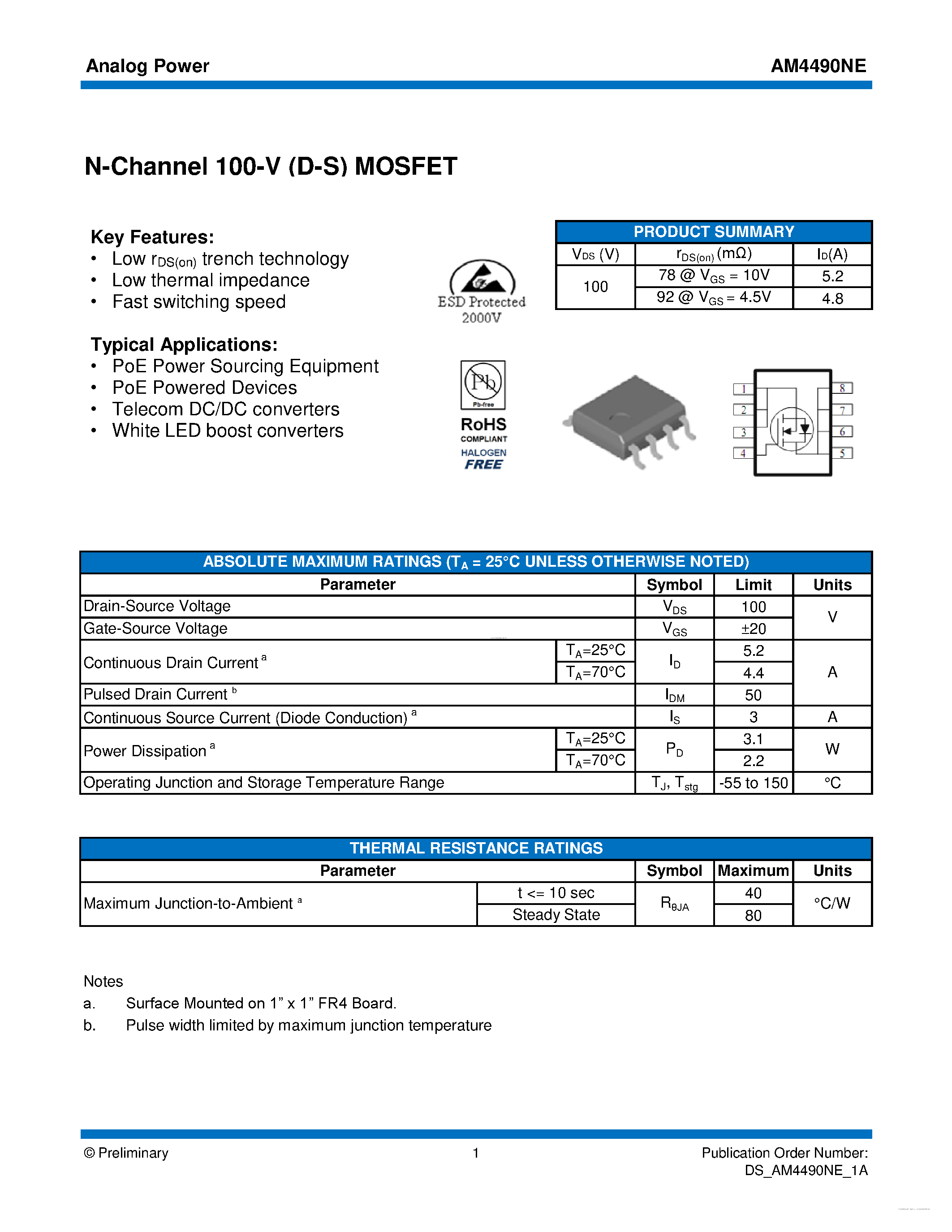 Даташит AM4490NE - MOSFET страница 1