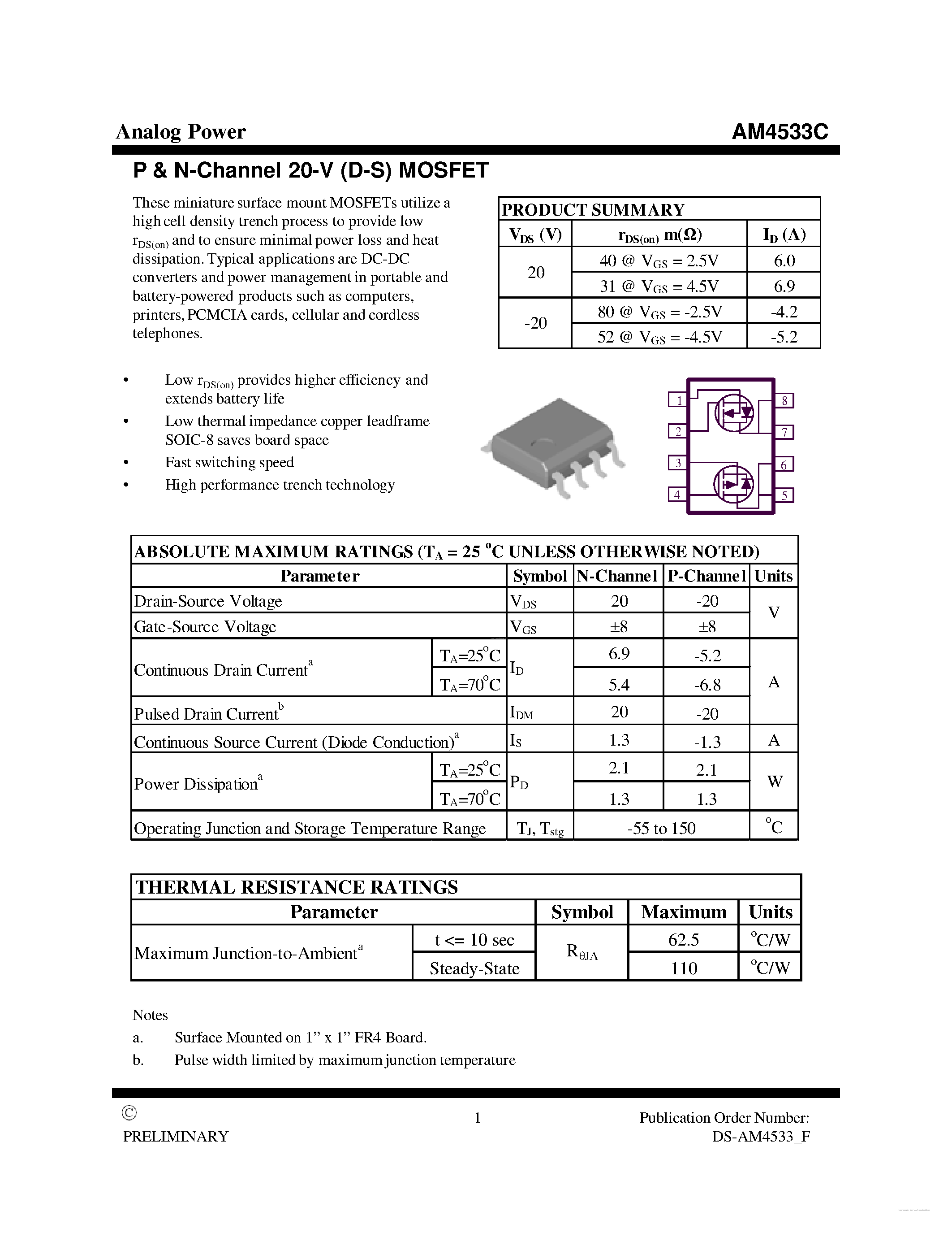 Даташит AM4533C - MOSFET страница 1