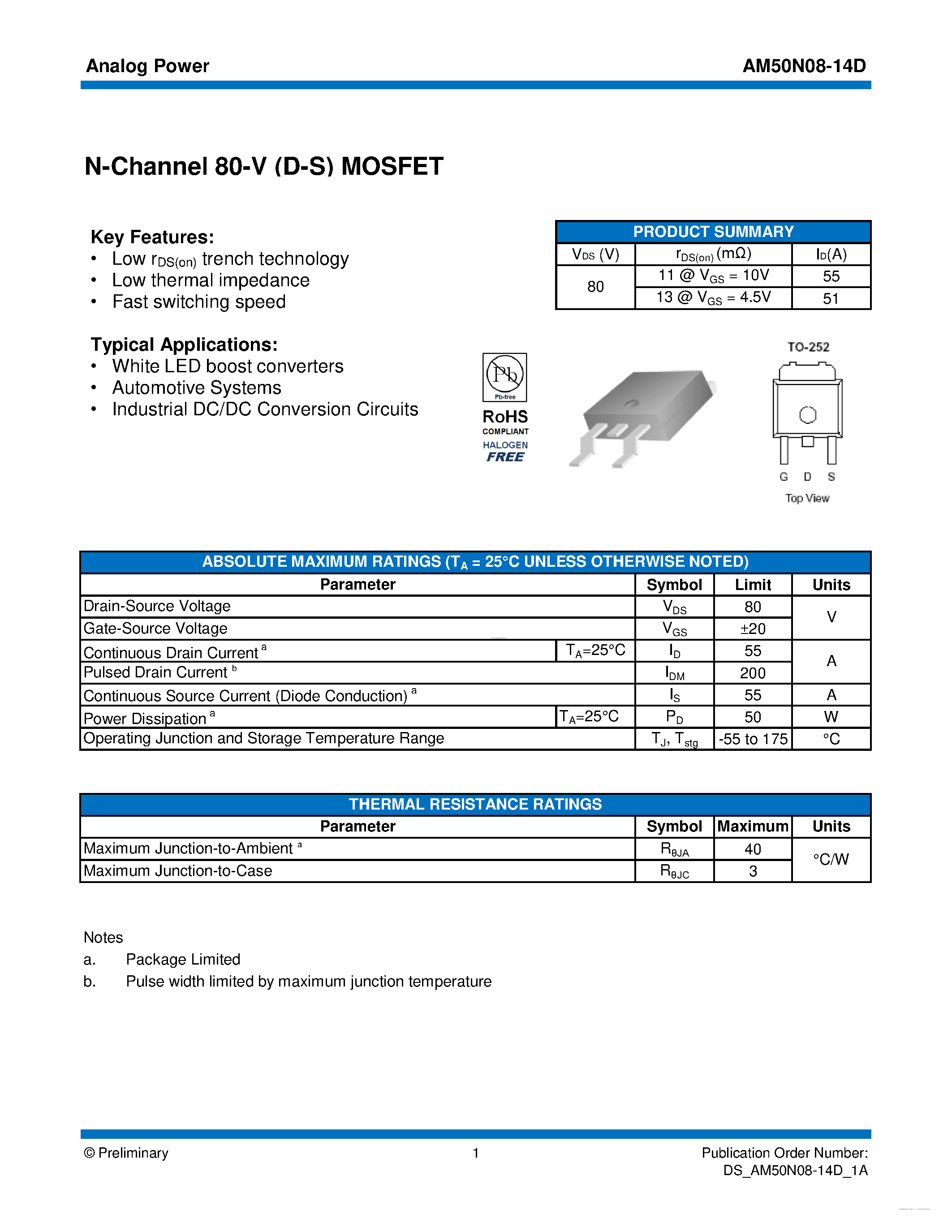 Datasheet AM50N08-14D - MOSFET page 1
