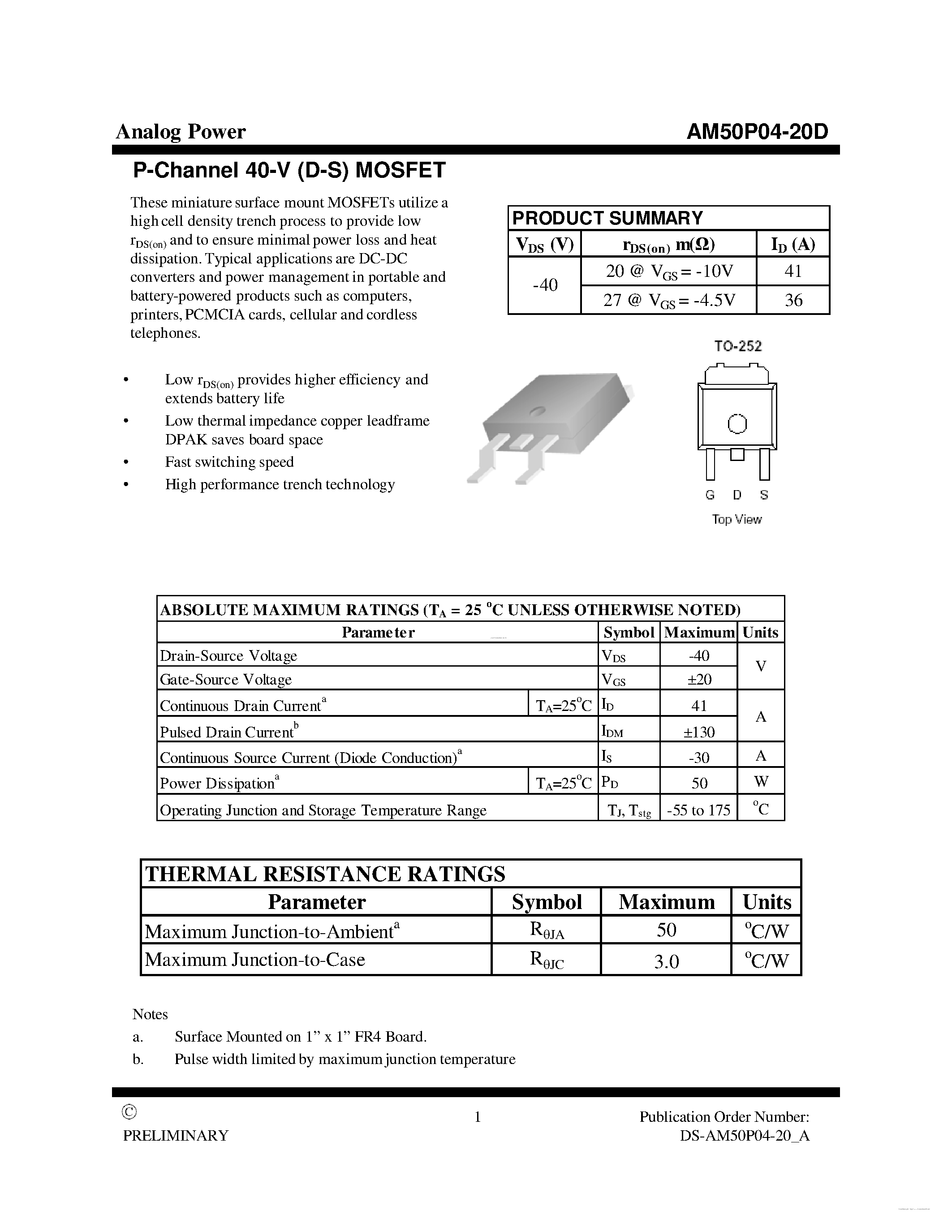 Datasheet AM50P04-20D - MOSFET page 1