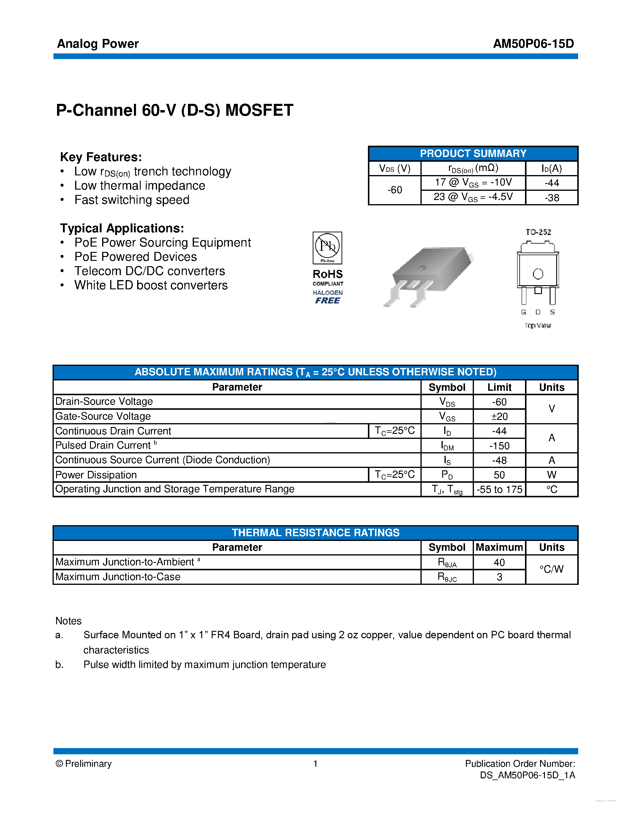 Datasheet AM50P06-15D - MOSFET page 1