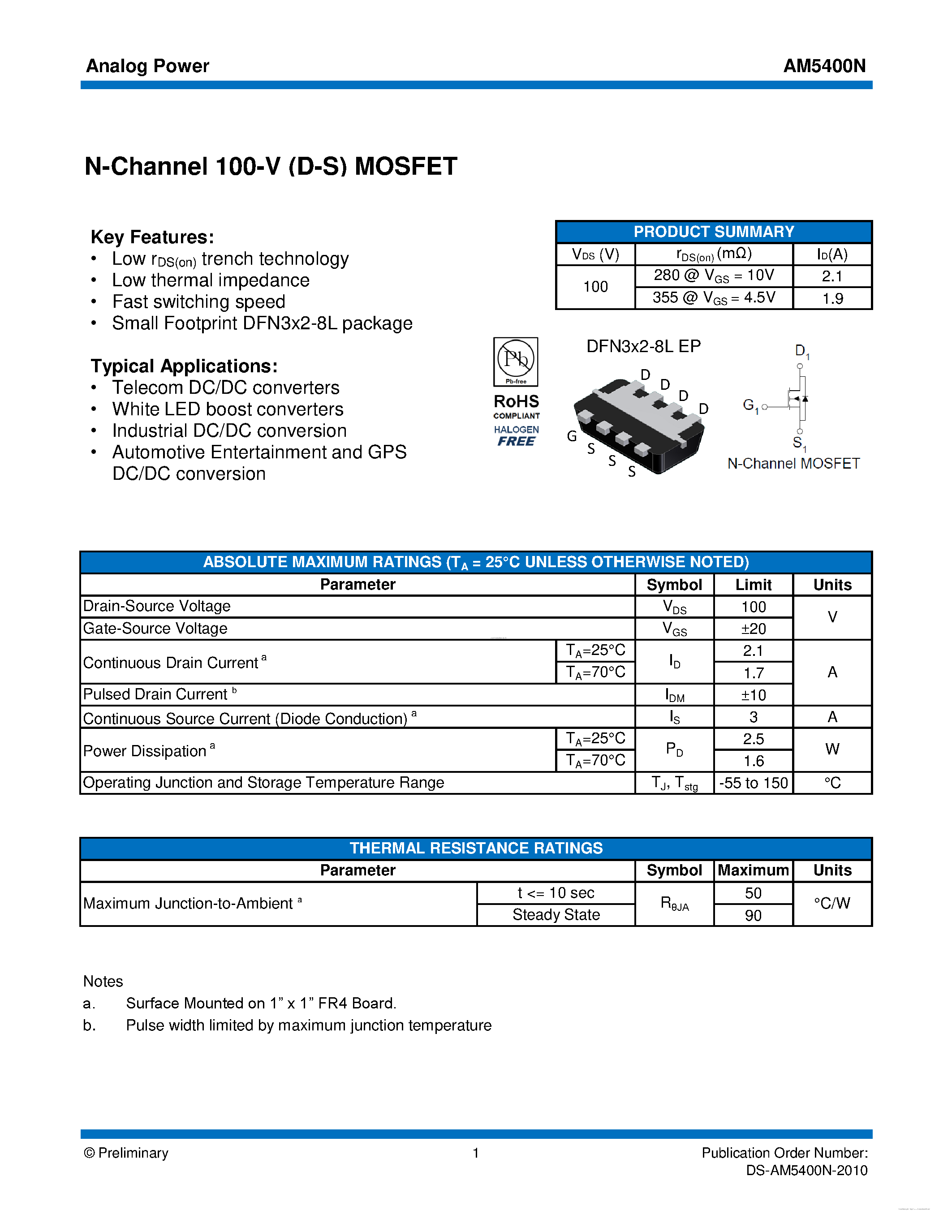 Datasheet AM5400N - MOSFET page 1