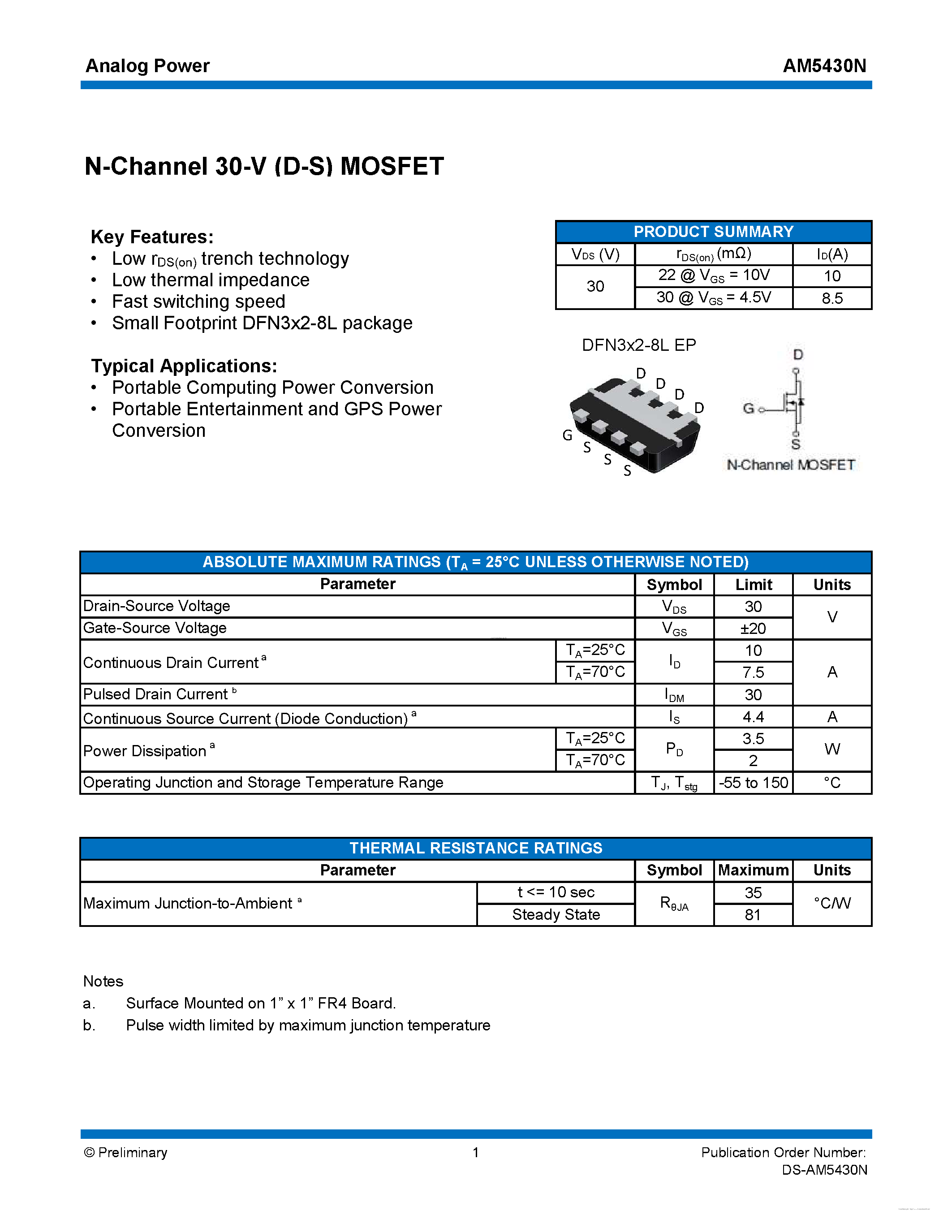 Datasheet AM5430N - MOSFET page 1