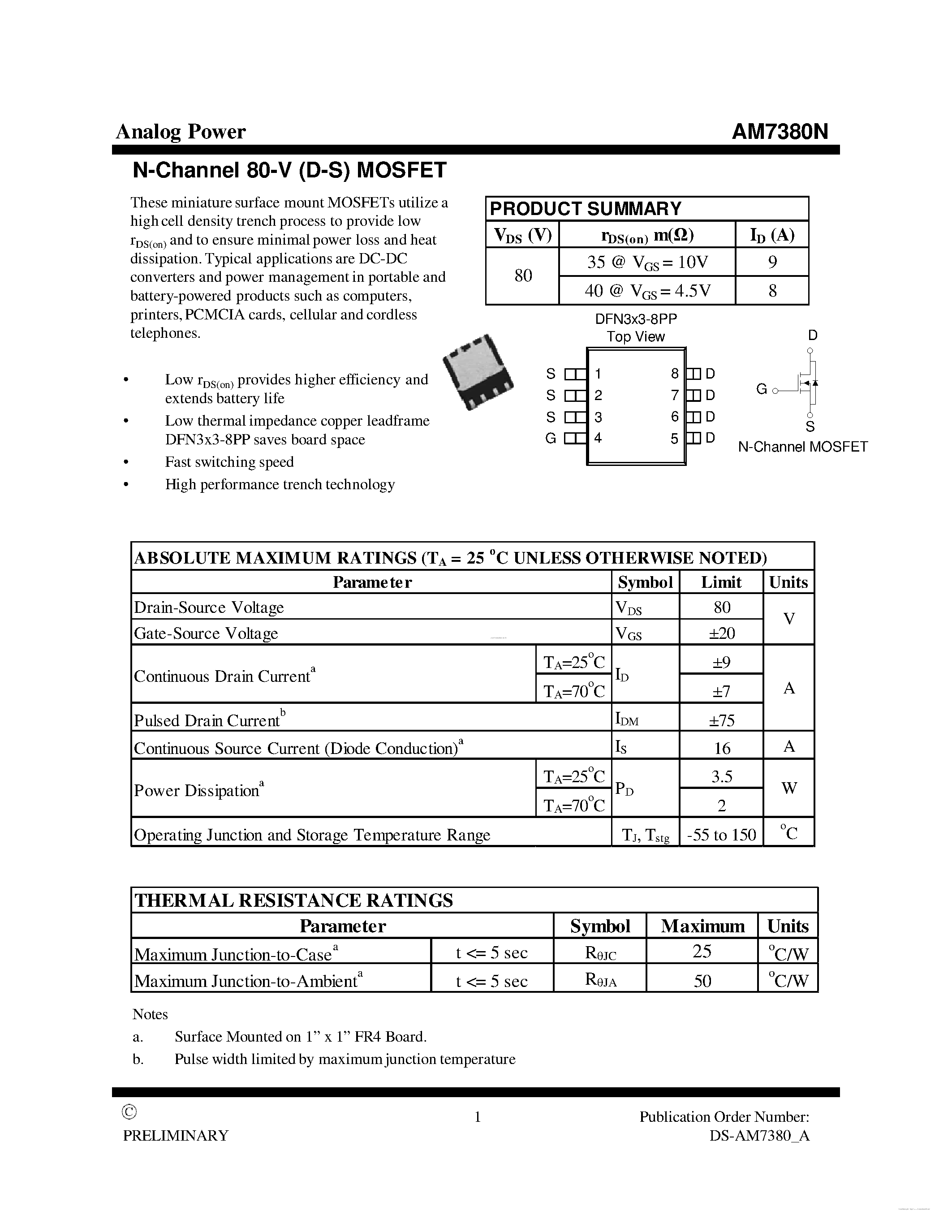 Datasheet AM7380N - MOSFET page 1