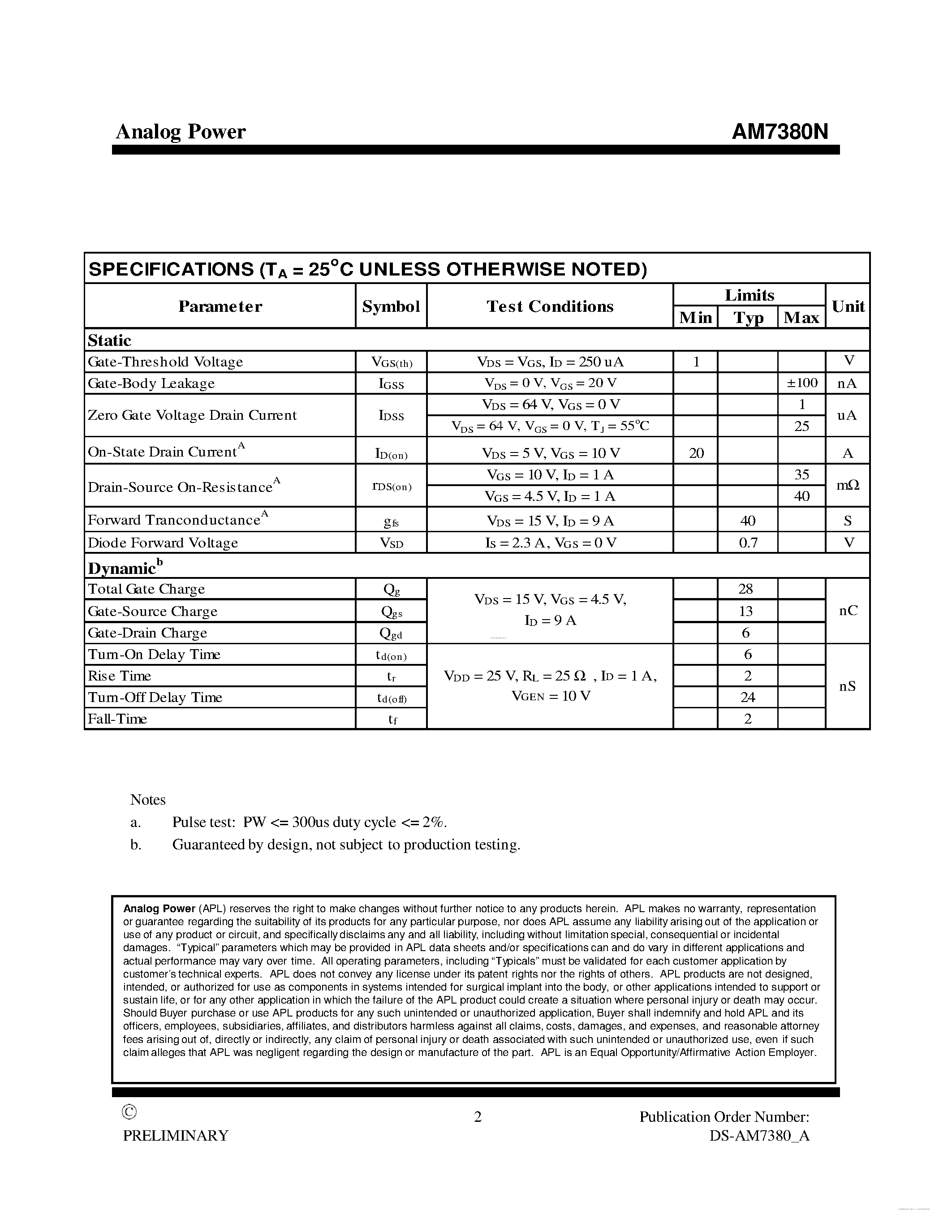 Datasheet AM7380N - MOSFET page 2