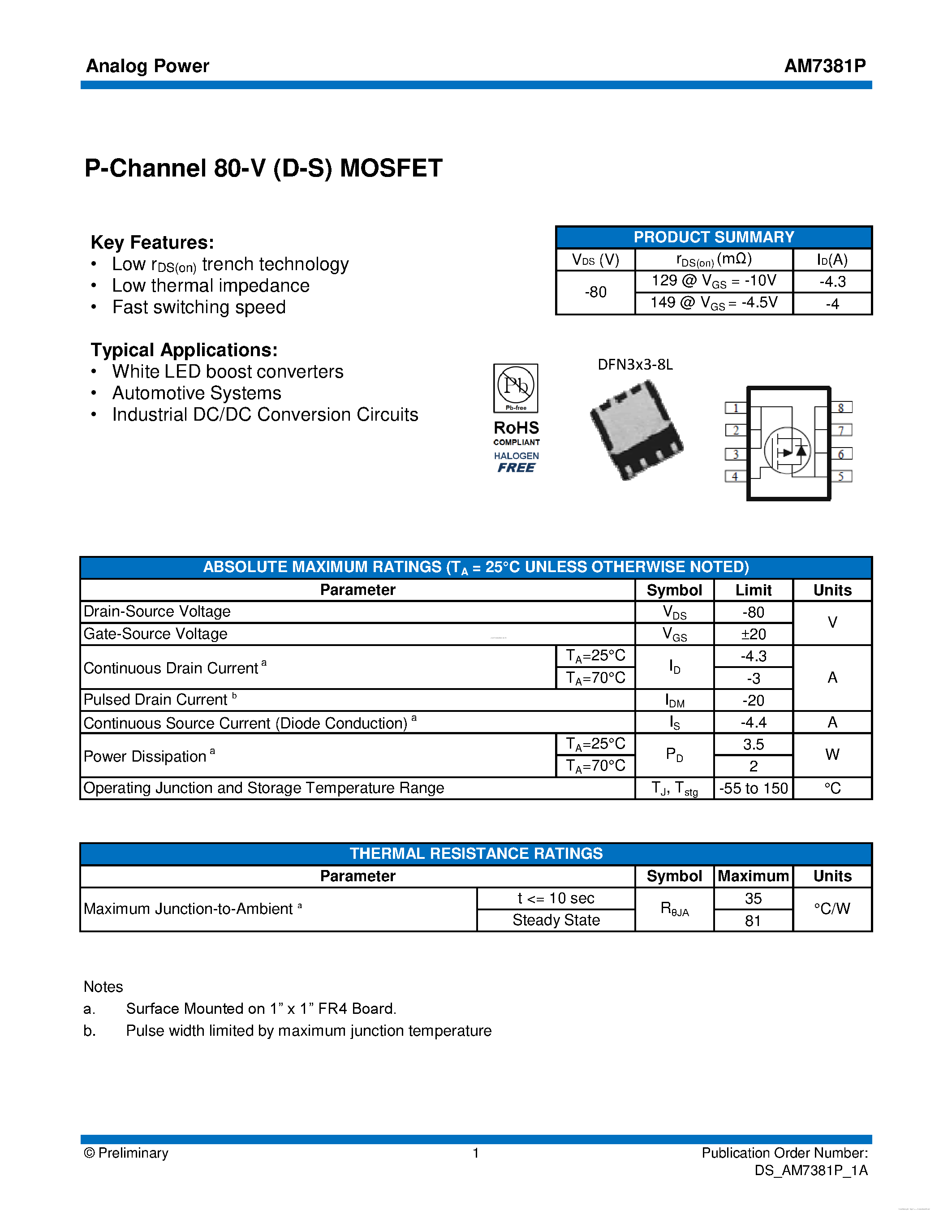 Datasheet AM7381P - MOSFET page 1