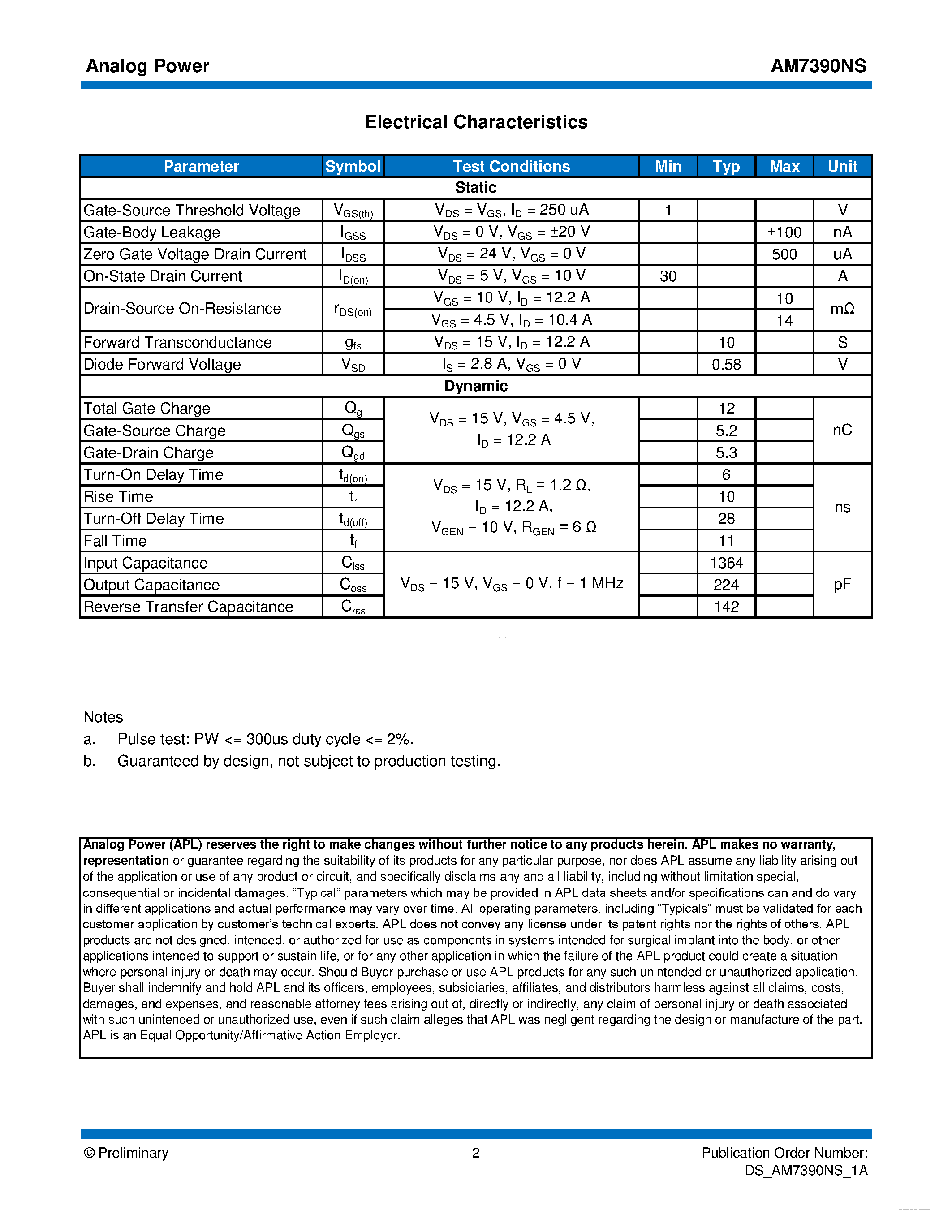 Datasheet AM7390NS - MOSFET page 2