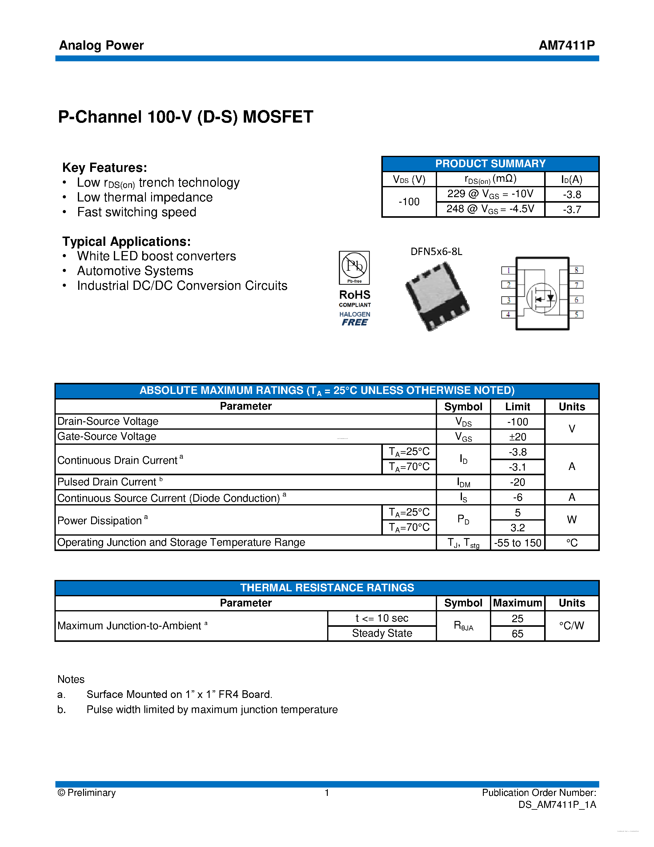 Datasheet AM7411P - MOSFET page 1