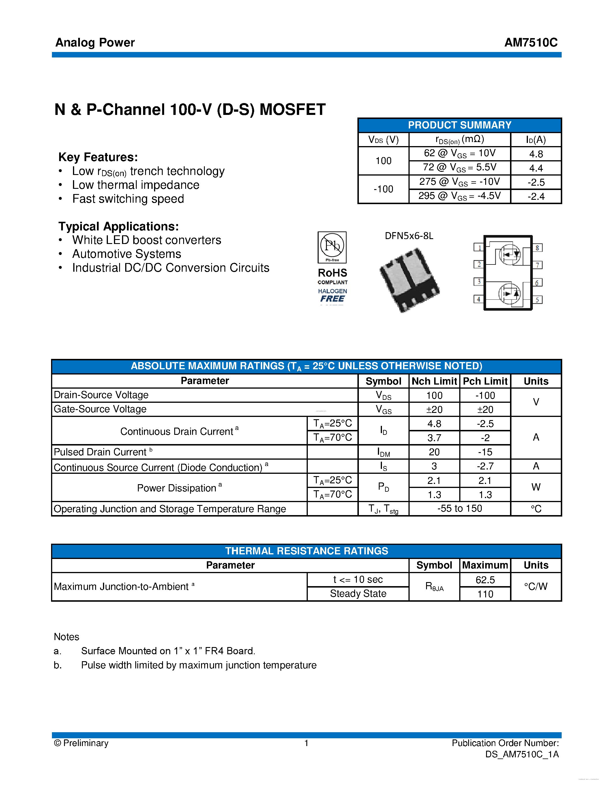 Datasheet AM7510C - MOSFET page 1