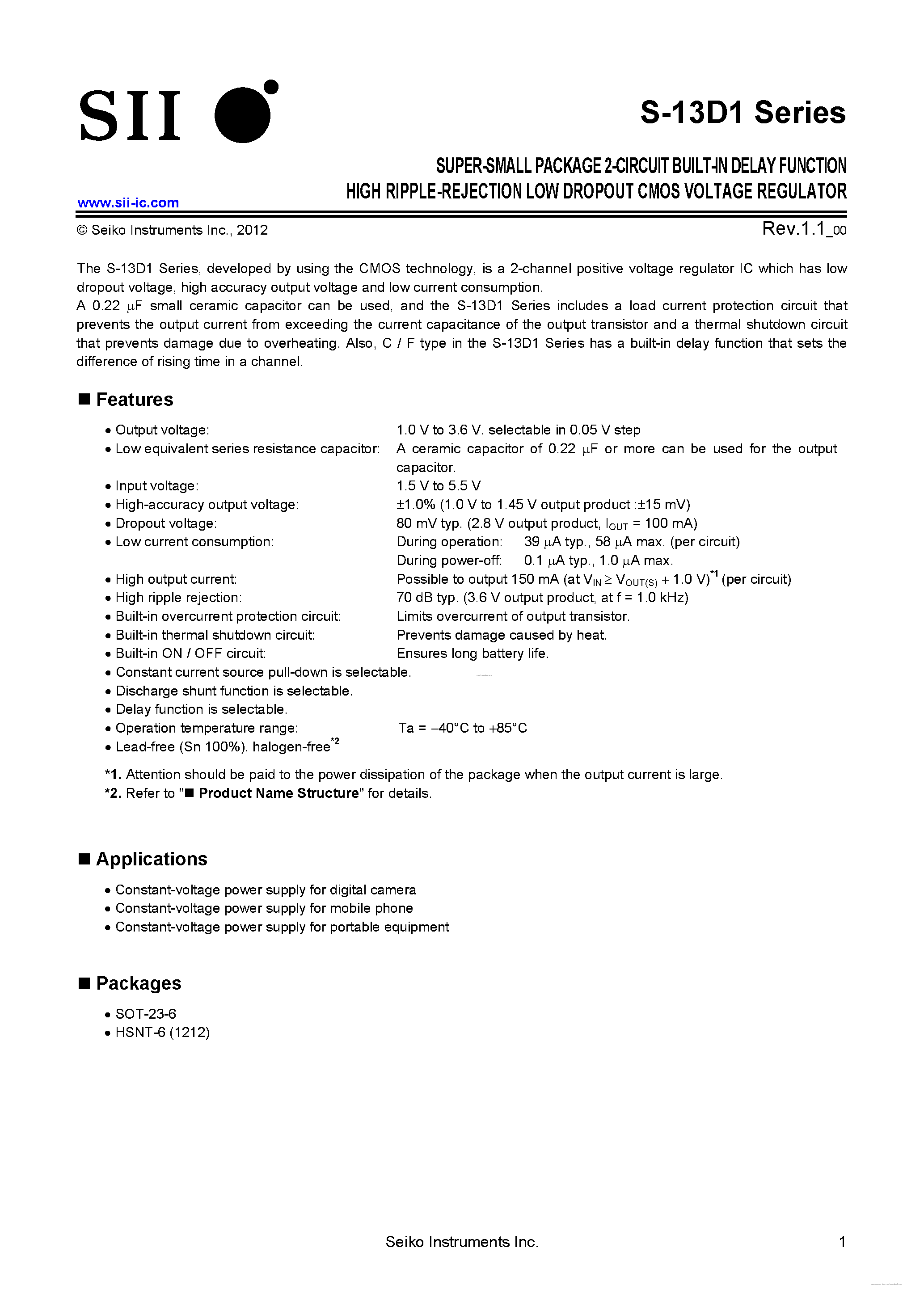 Datasheet S-13D1 - HIGH RIPPLE-REJECTION LOW DROPOUT CMOS VOLTAGE REGULATOR page 1