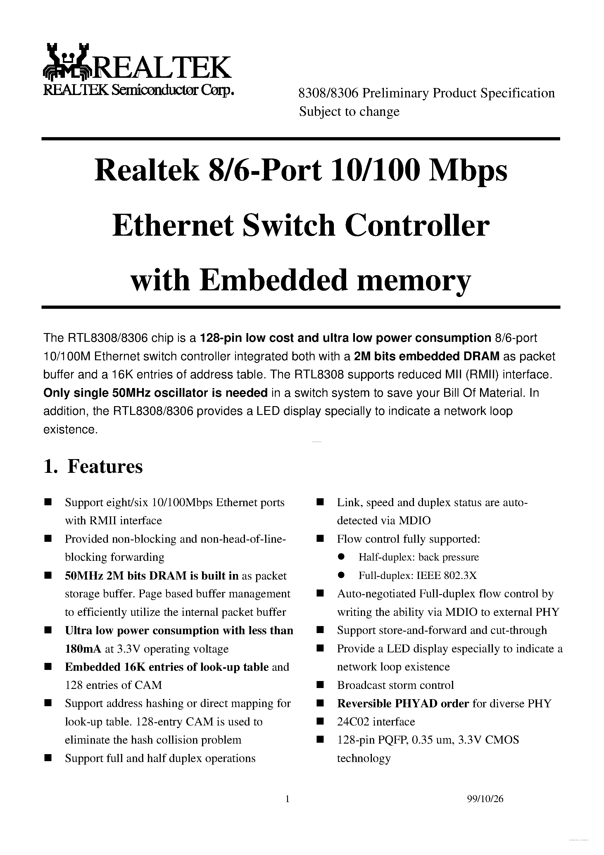 Даташит RTL8306 - (RTL8306 / RTL8308) 8/6-Port 10/100 Mbps Ethernet Switch Controller страница 1