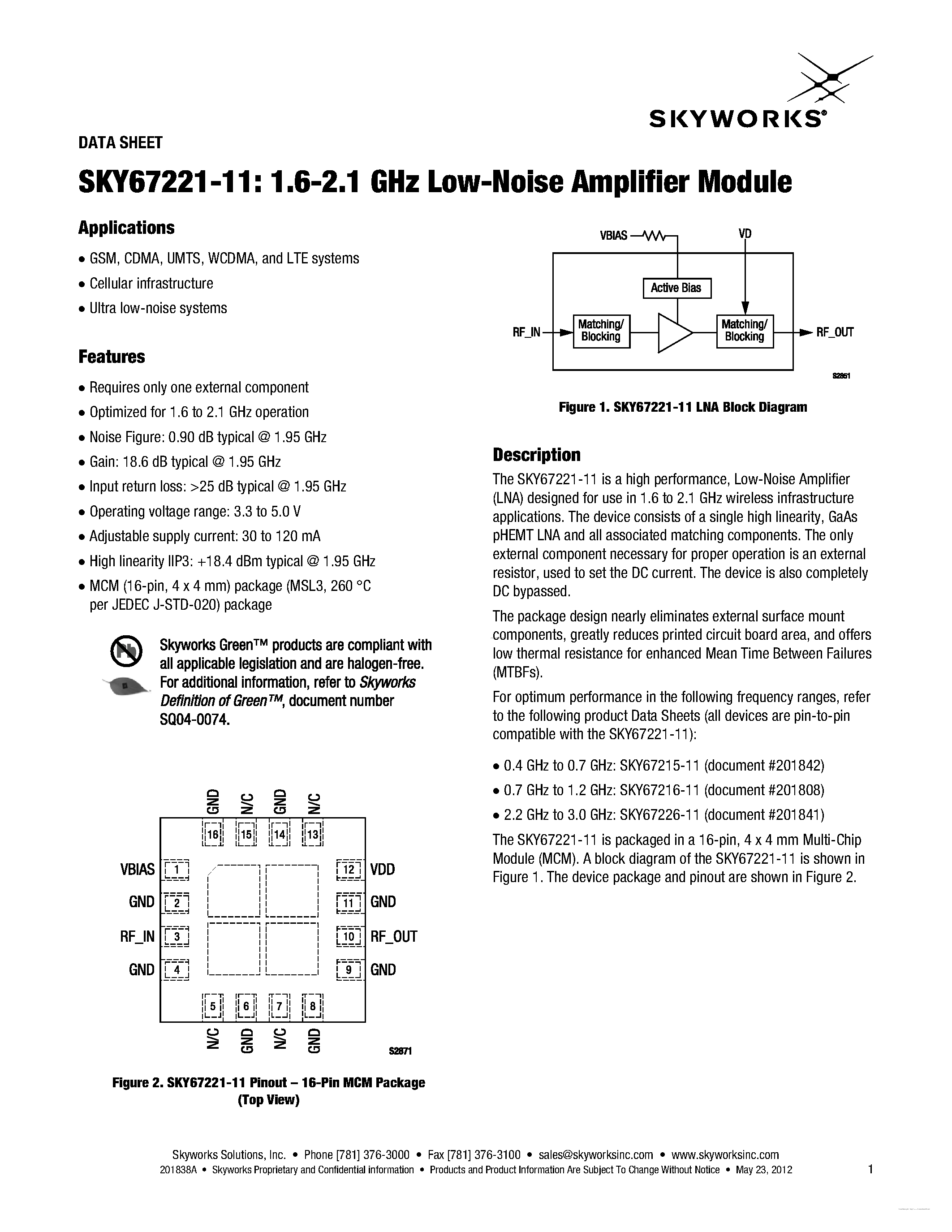 Даташит SKY67221-11 - 1.6-2.1 GHz Low-Noise Amplifier Module страница 1