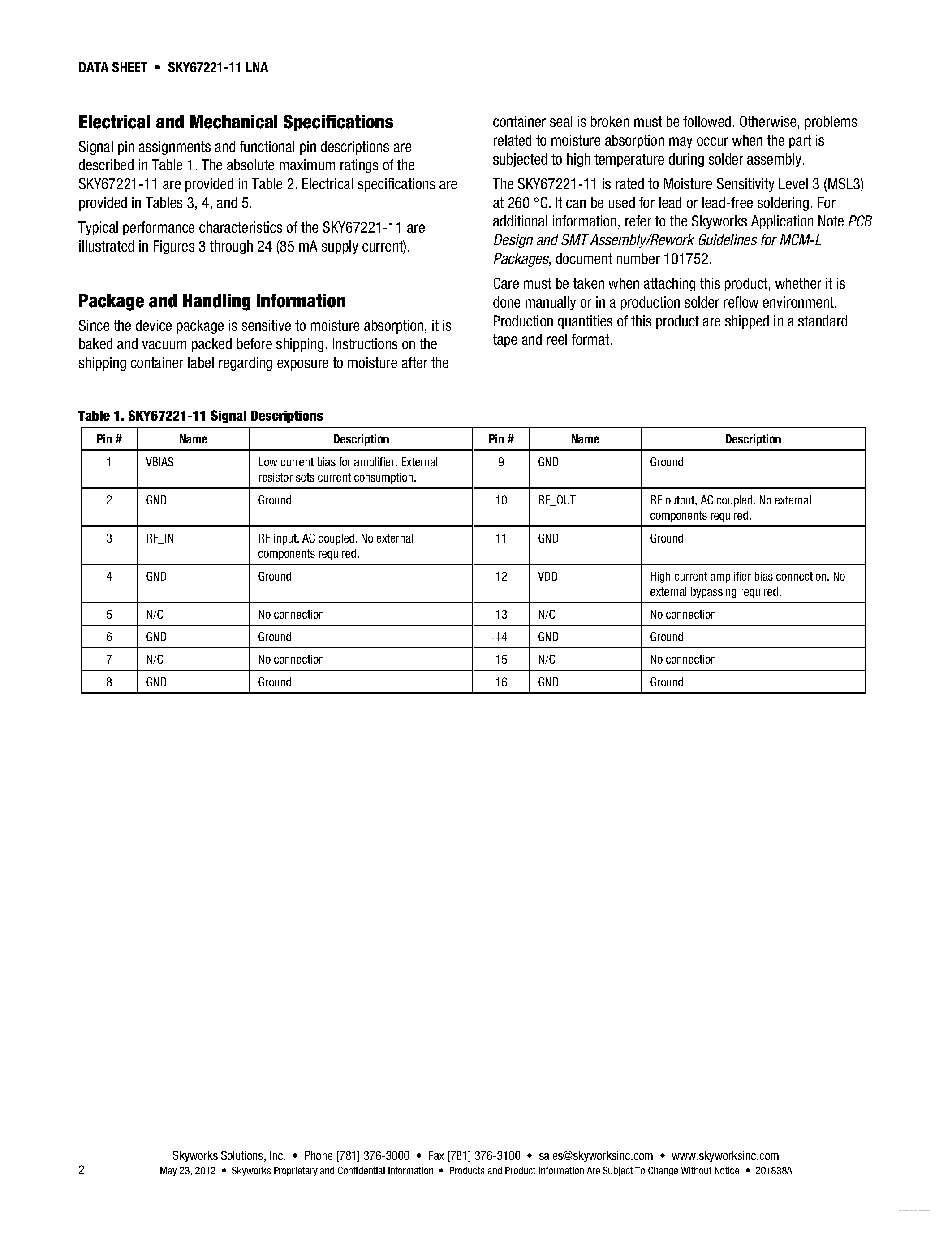 Даташит SKY67221-11 - 1.6-2.1 GHz Low-Noise Amplifier Module страница 2