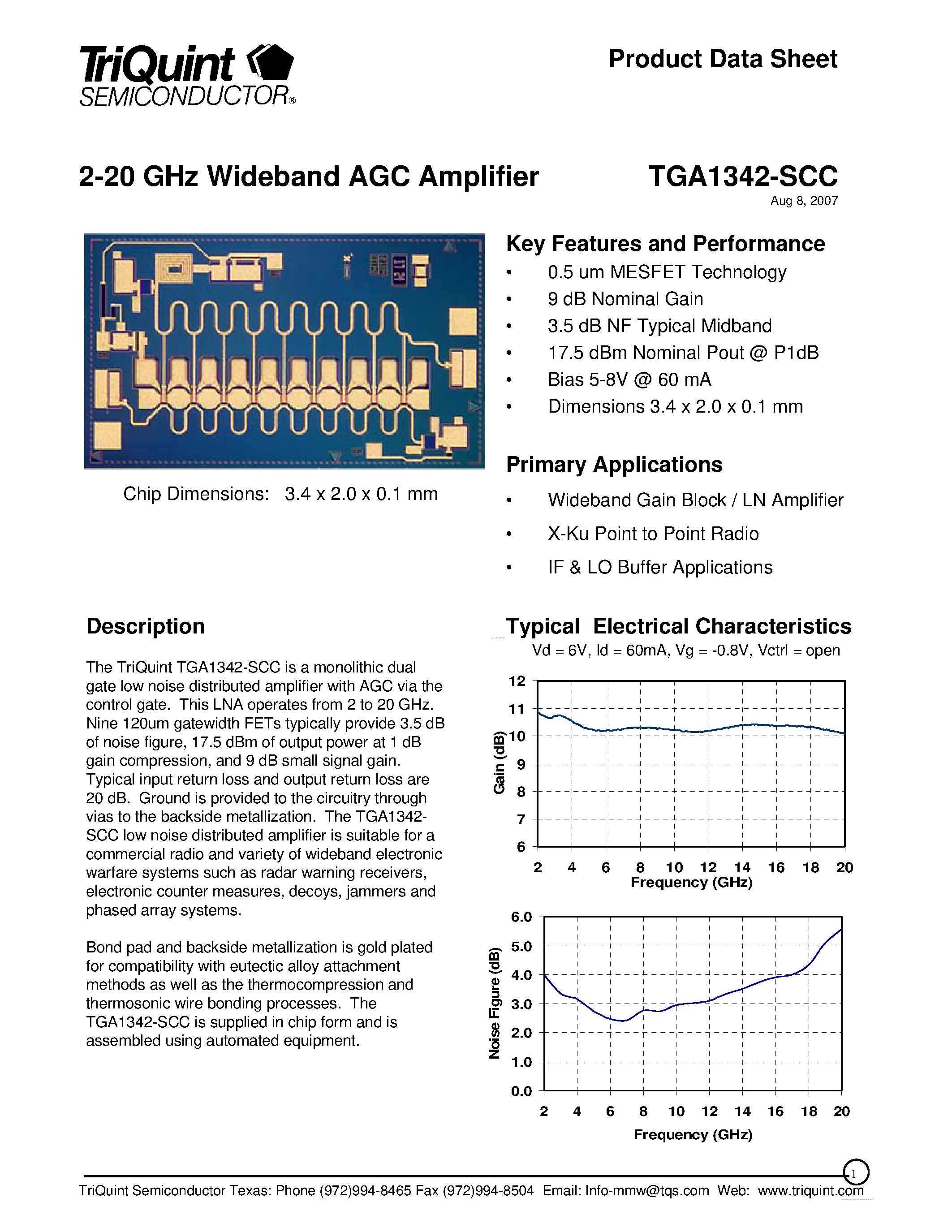 Даташит TGA1342-SCC - 2-20 GHz Wideband AGC Amplifier страница 1