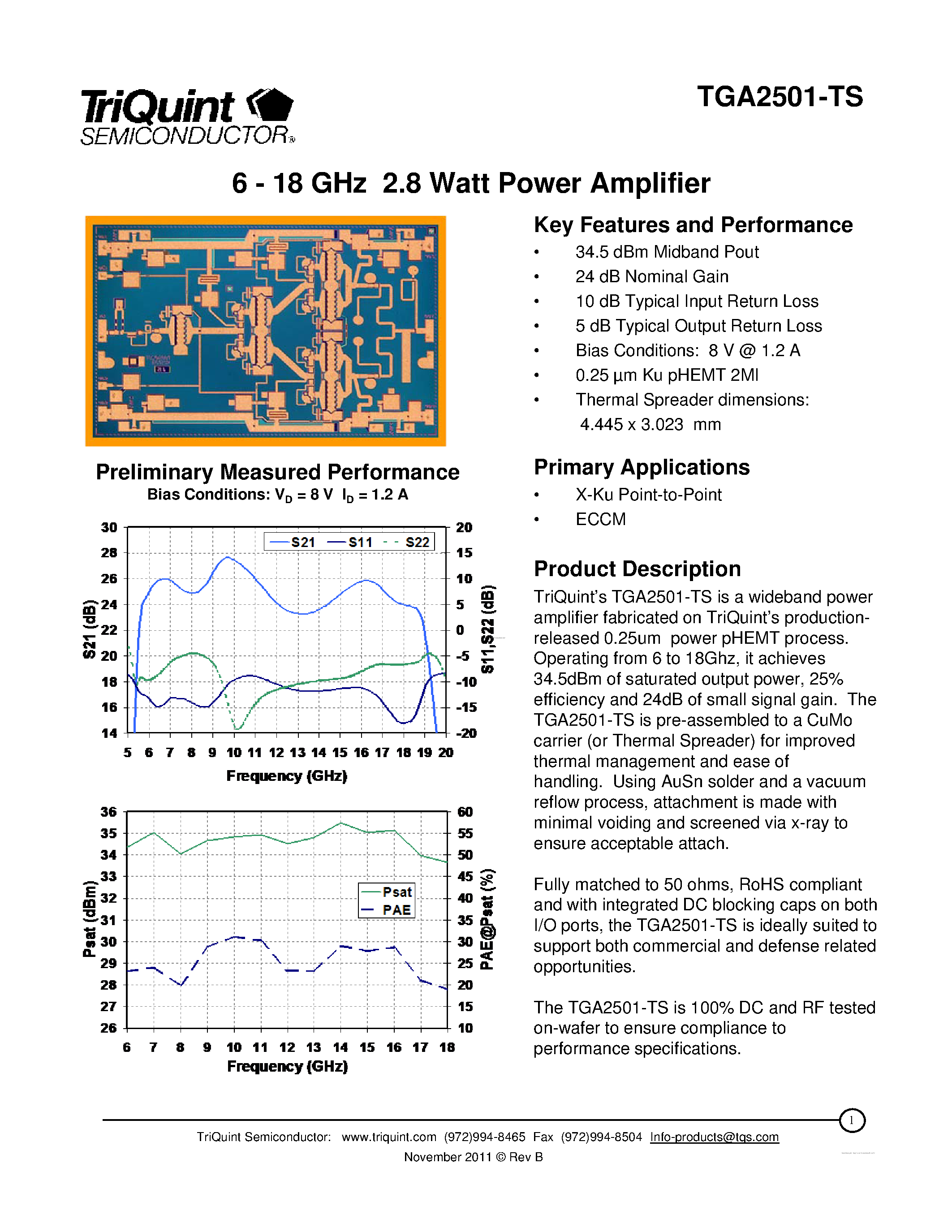 Даташит TGA2501-TS - 6 - 18 GHz 2.8 Watt Power Amplifier страница 1