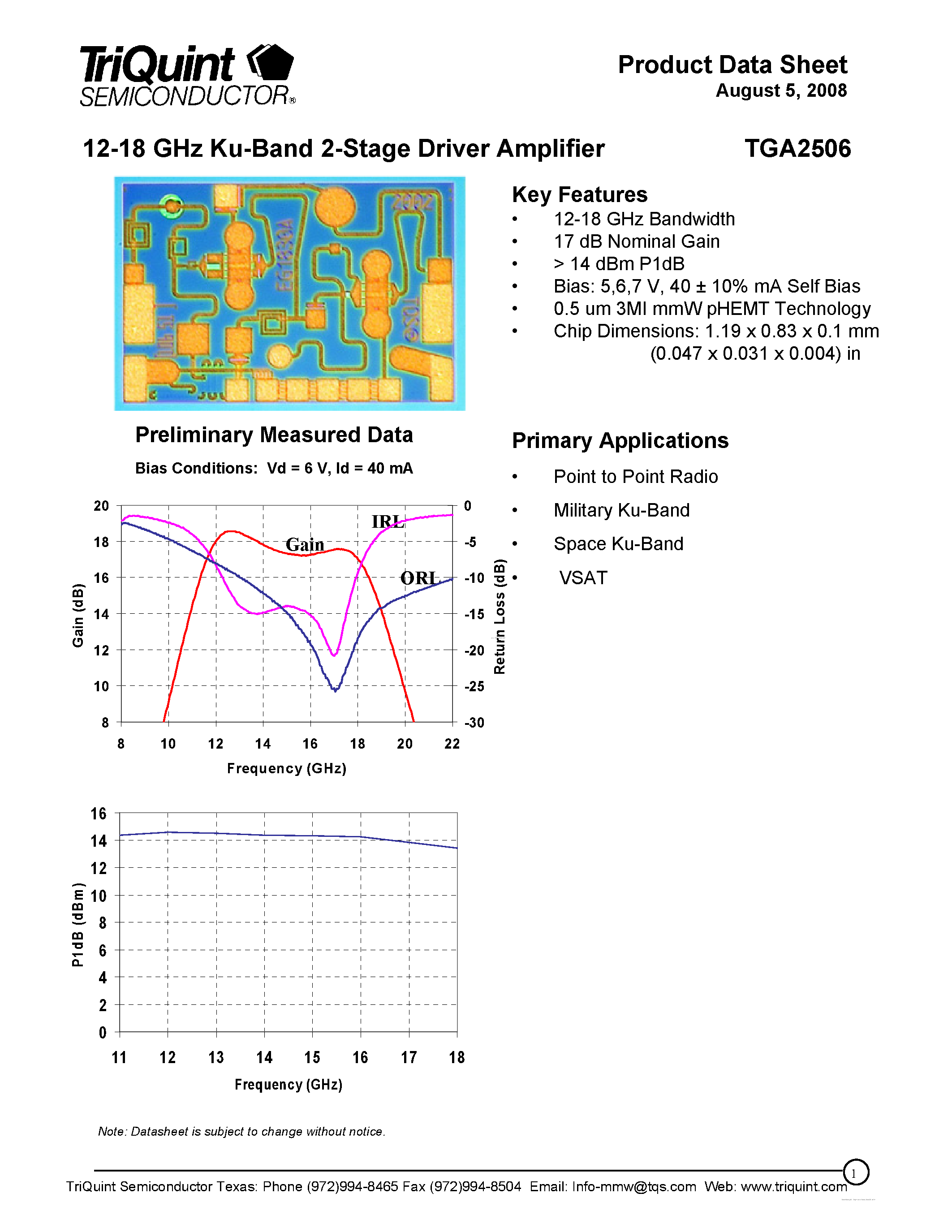 Даташит TGA2506 - 12-18 GHz Ku-Band 2-Stage Driver Amplifier страница 1