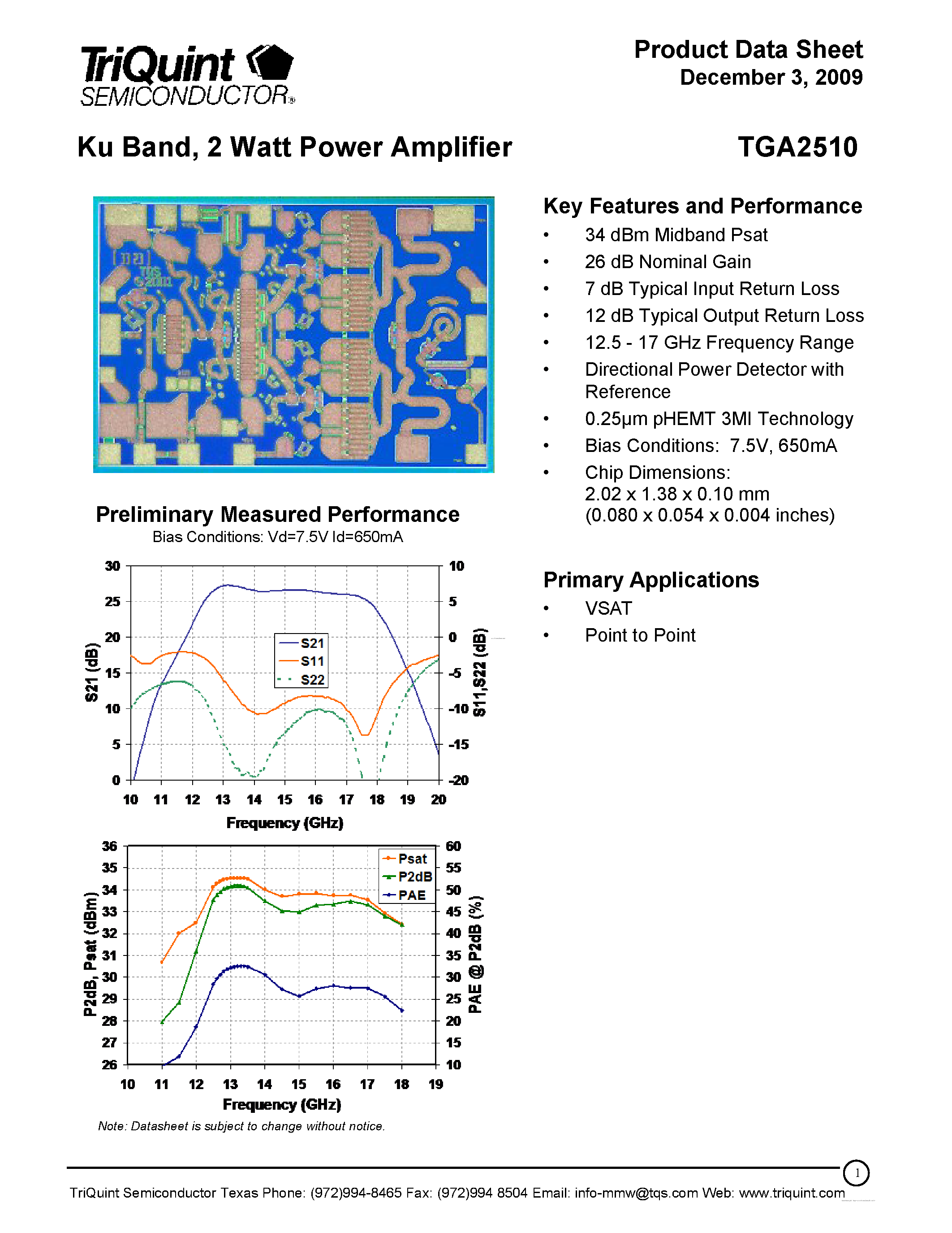 Даташит TGA2510 - 2 Watt Power Amplifier страница 1