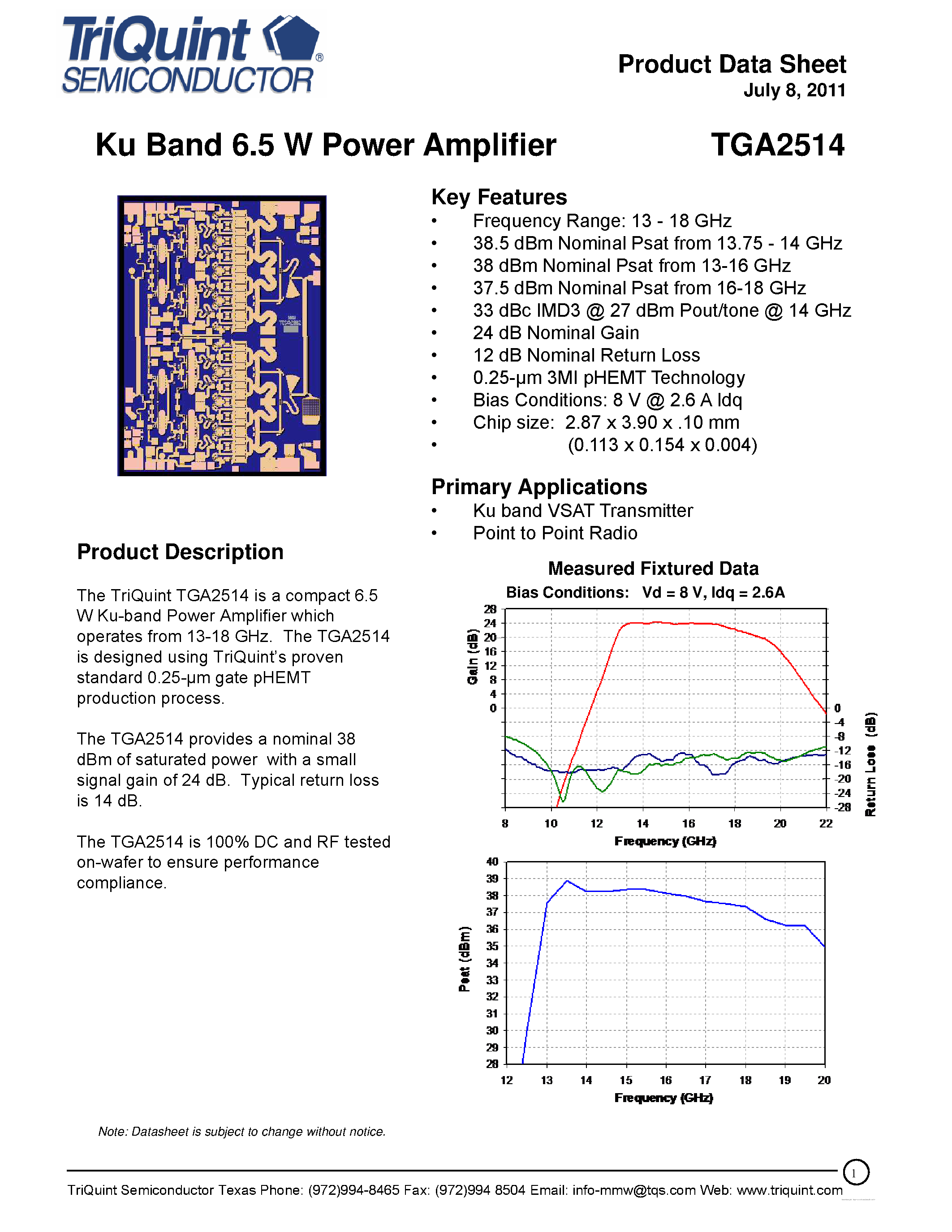 Даташит TGA2514 - Ku Band 6.5 W Power Amplifier страница 1