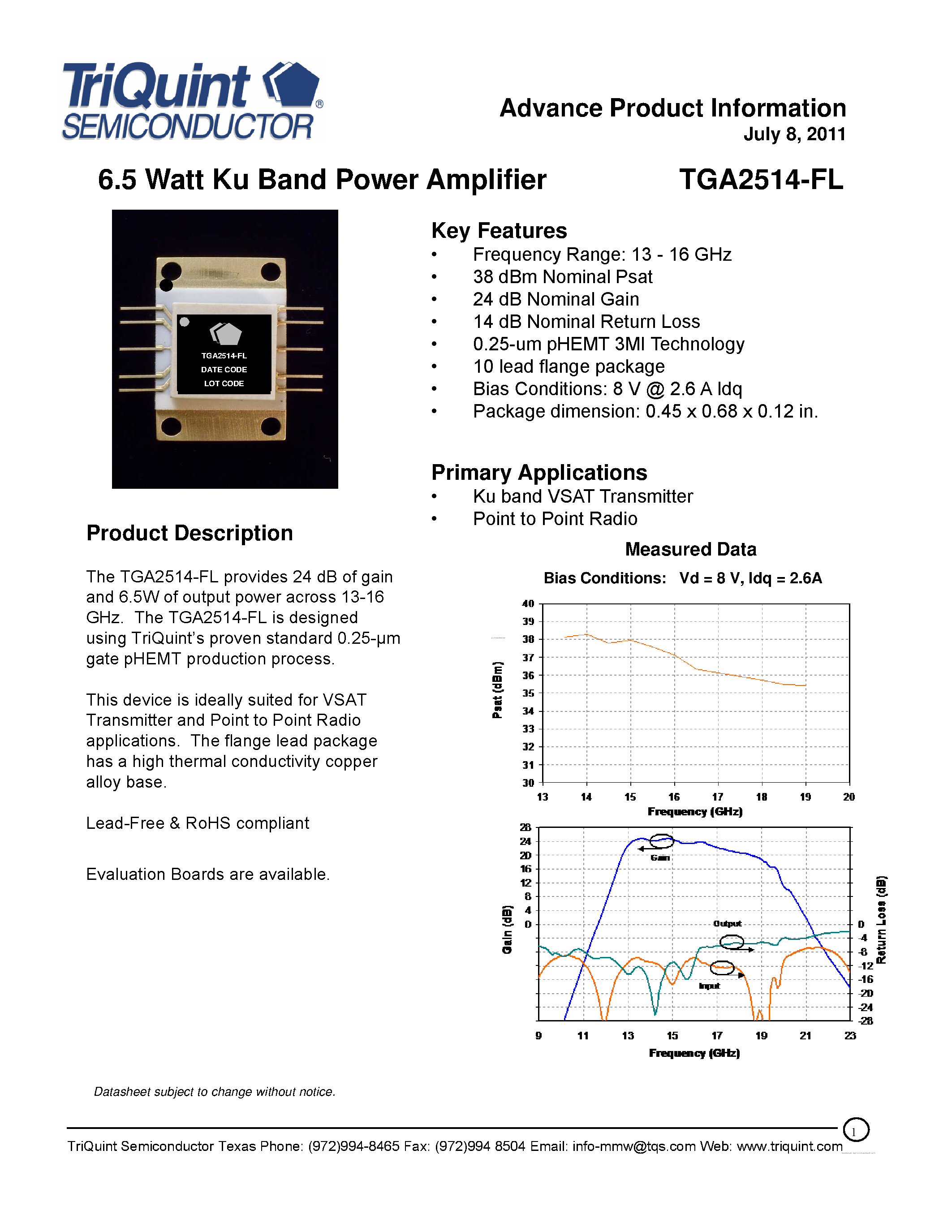 Даташит TGA2514-FL - 6.5 Watt Ku Band Power Amplifier страница 1