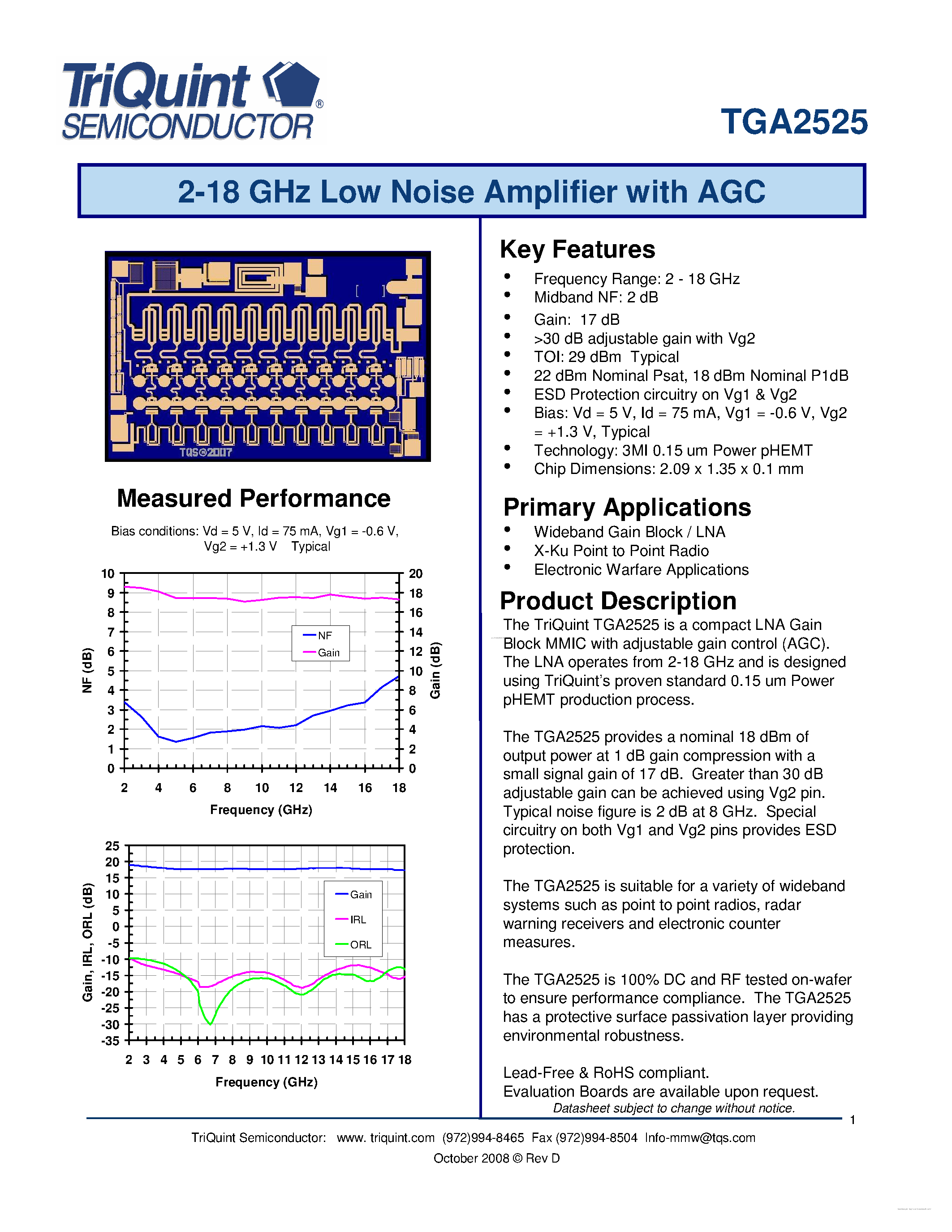 Даташит TGA2525 - 2-18 GHz Low Noise Amplifier страница 1