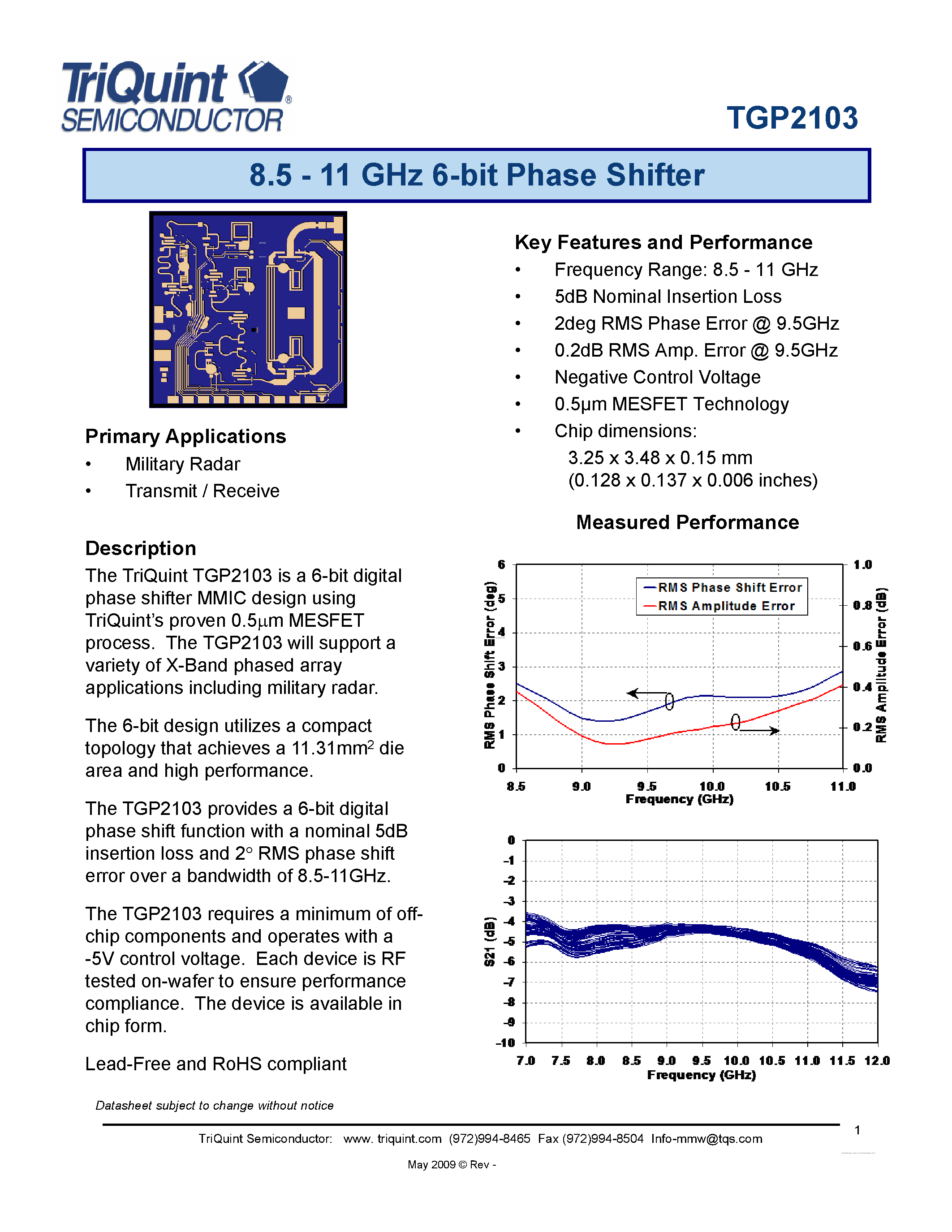 Даташит TGP2103 - 8.5 - 11 GHz 6-bit Phase Shifter страница 1