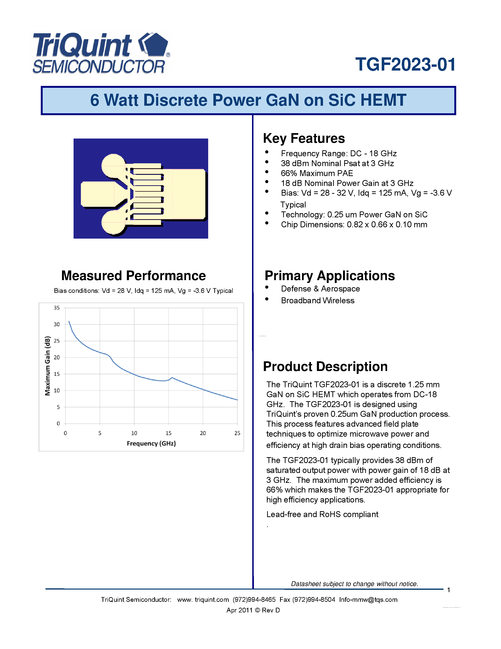 Даташит TGF2023-01 - 6 Watt Discrete Power GaN on SiC HEMT страница 1