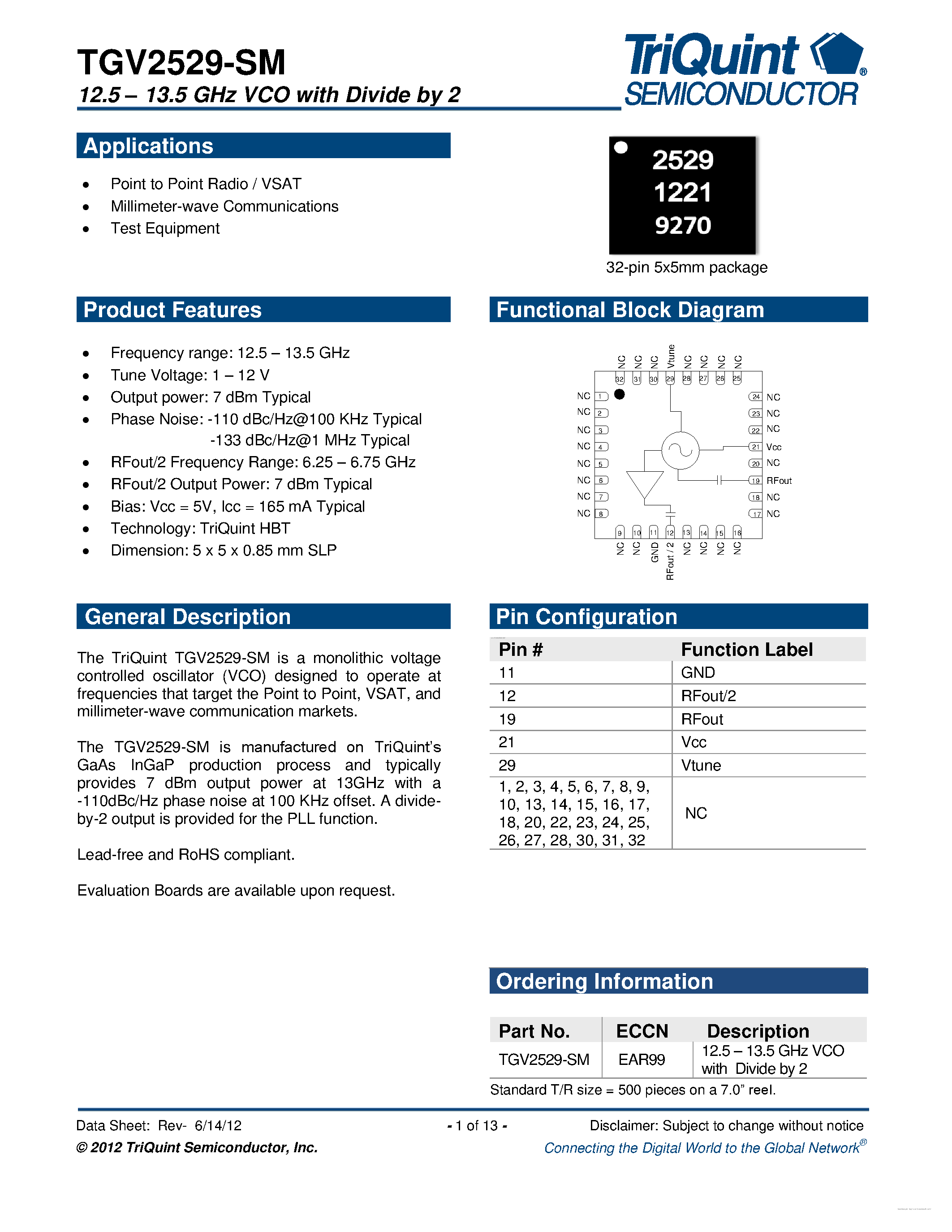 Даташит TGV2529-SM - 12.5 - 13.5 GHz VCO with Divide by 2 страница 1