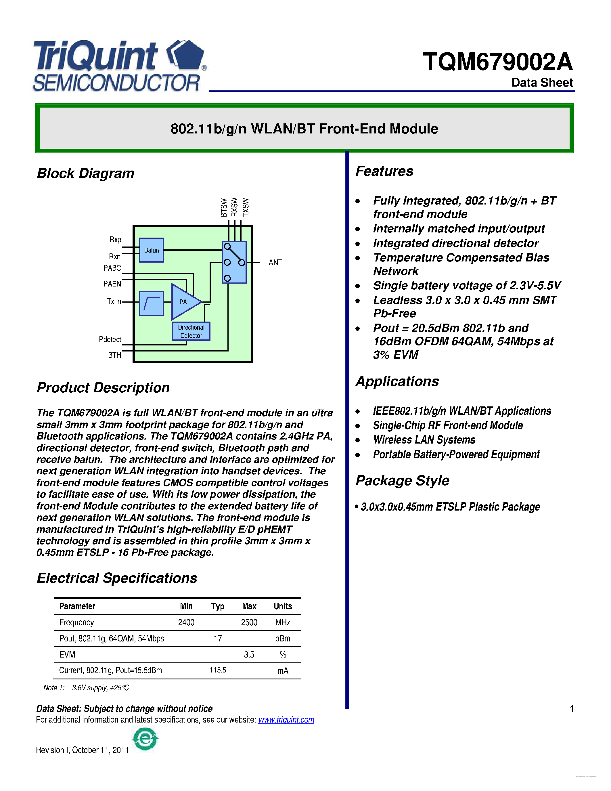 Даташит TQM679002A - 2.4 GHz WLAN Power Amplifier + Switch MMIC страница 1