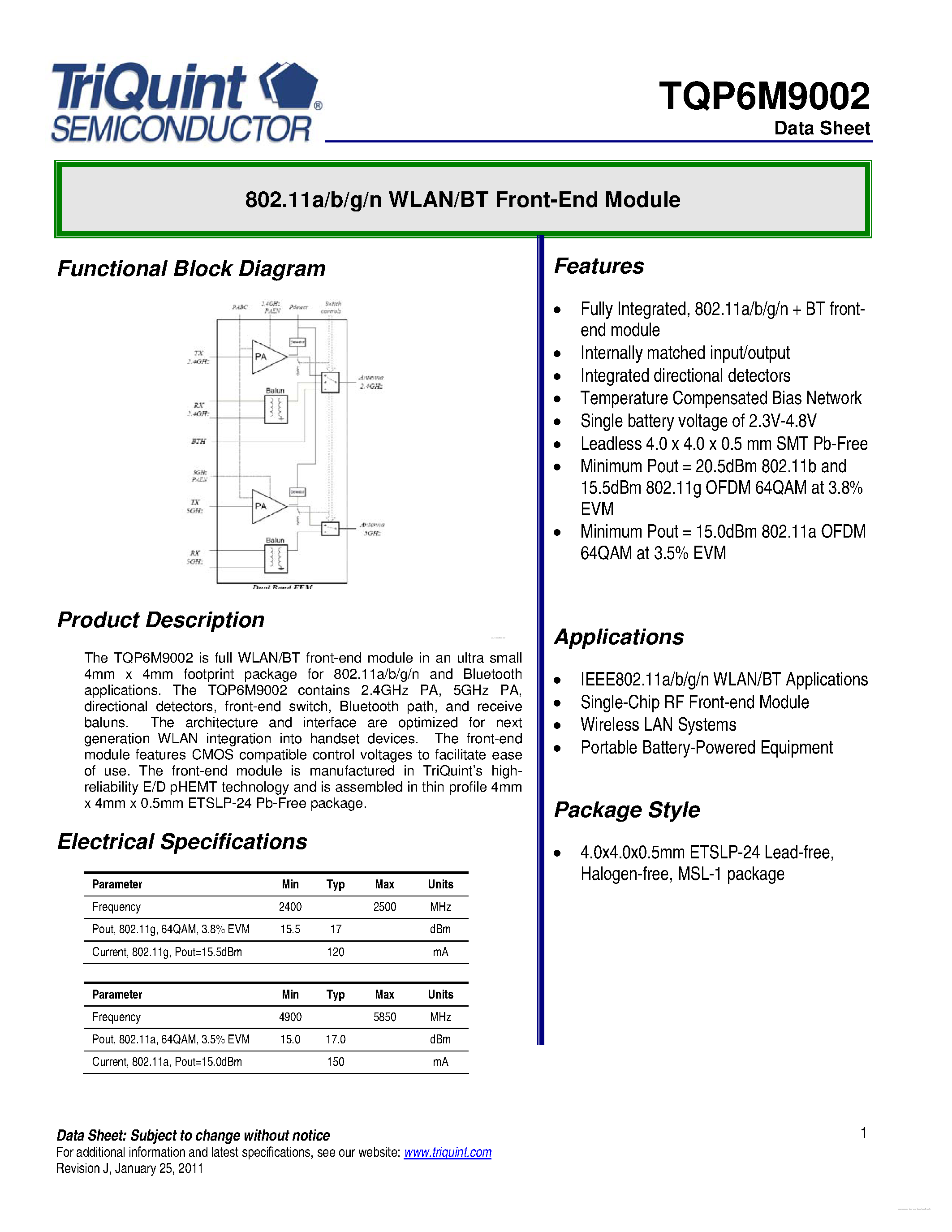 Даташит TQP6M9002 - 2.4 GHz and 5 GHz WLAN Power Amplifier + Switch MMIC страница 1