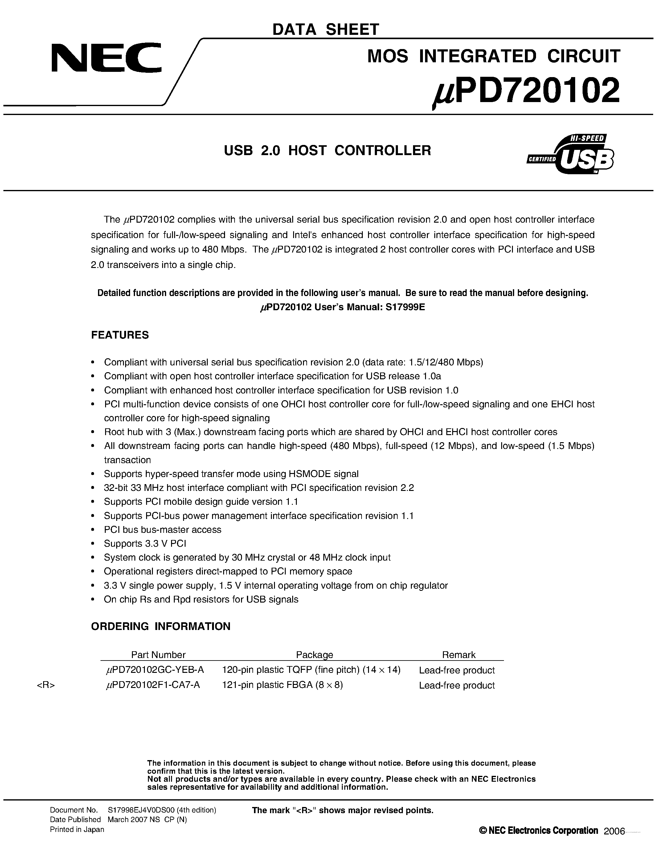 Datasheet UPD720102 - USB 2.0 HOST CONTROLLER page 1