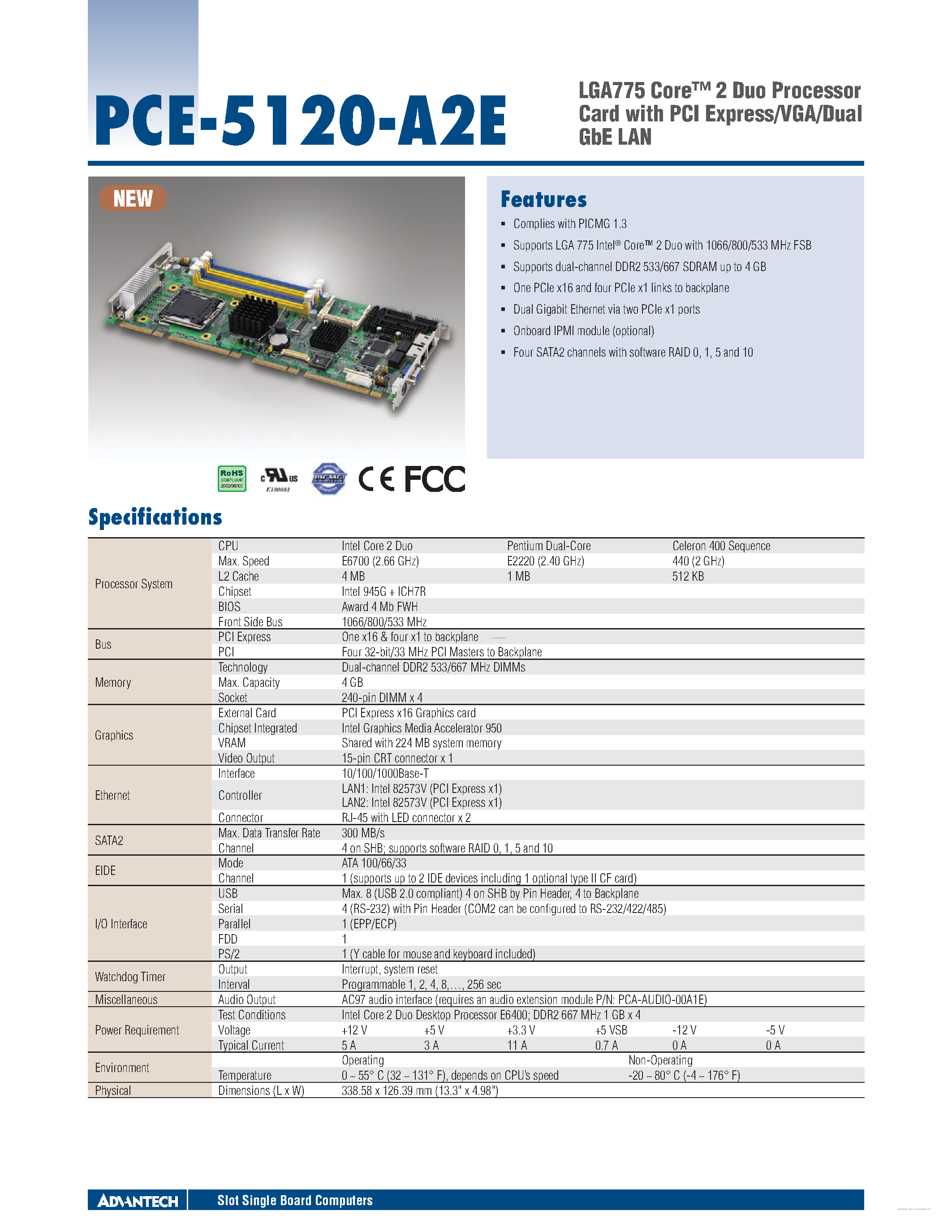 Даташит PCE-5120-A2E - LGA775 Core 2 Duo Processor Card страница 1