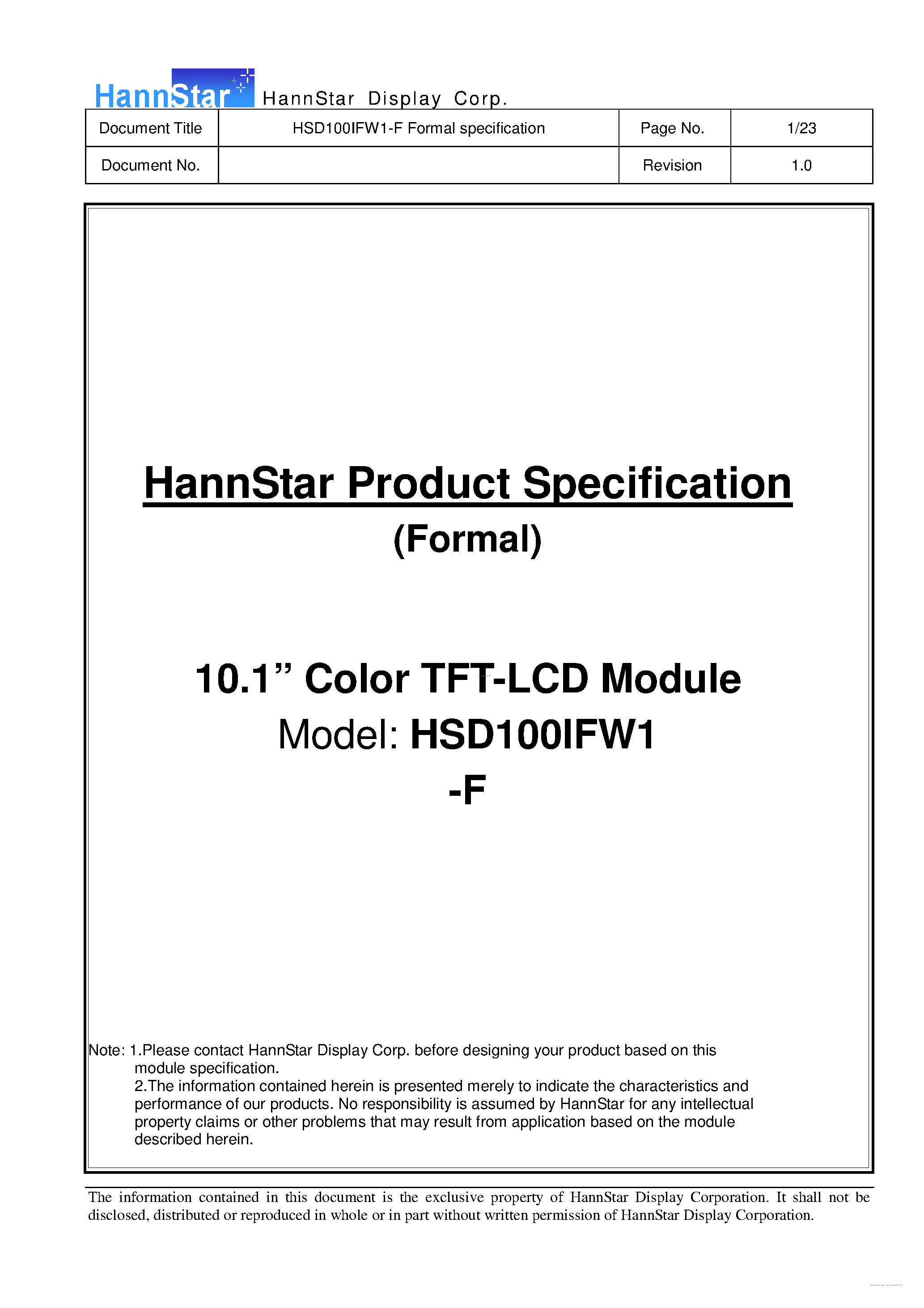 Даташит HSD100IFW1-F - Color TFT-LCD Module страница 1