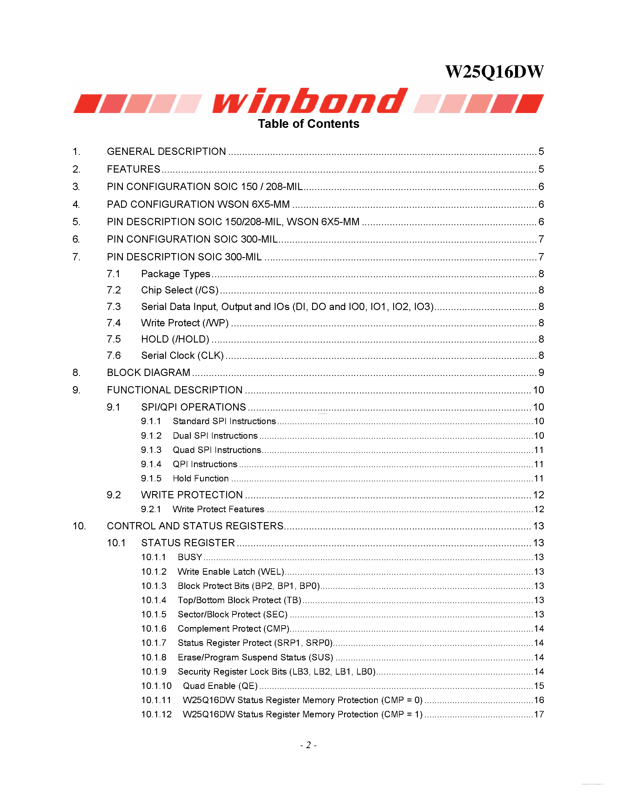 Даташит W25Q16DW - 1.8V 16M-BIT SERIAL FLASH MEMORY страница 2