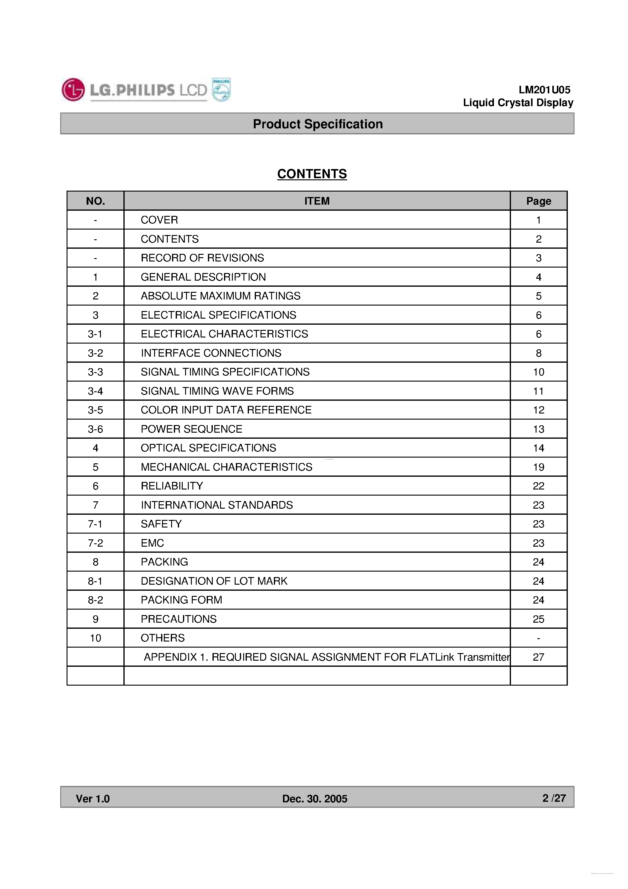 Datasheet LM201U05-SLA2 - TFT LCD Module page 2