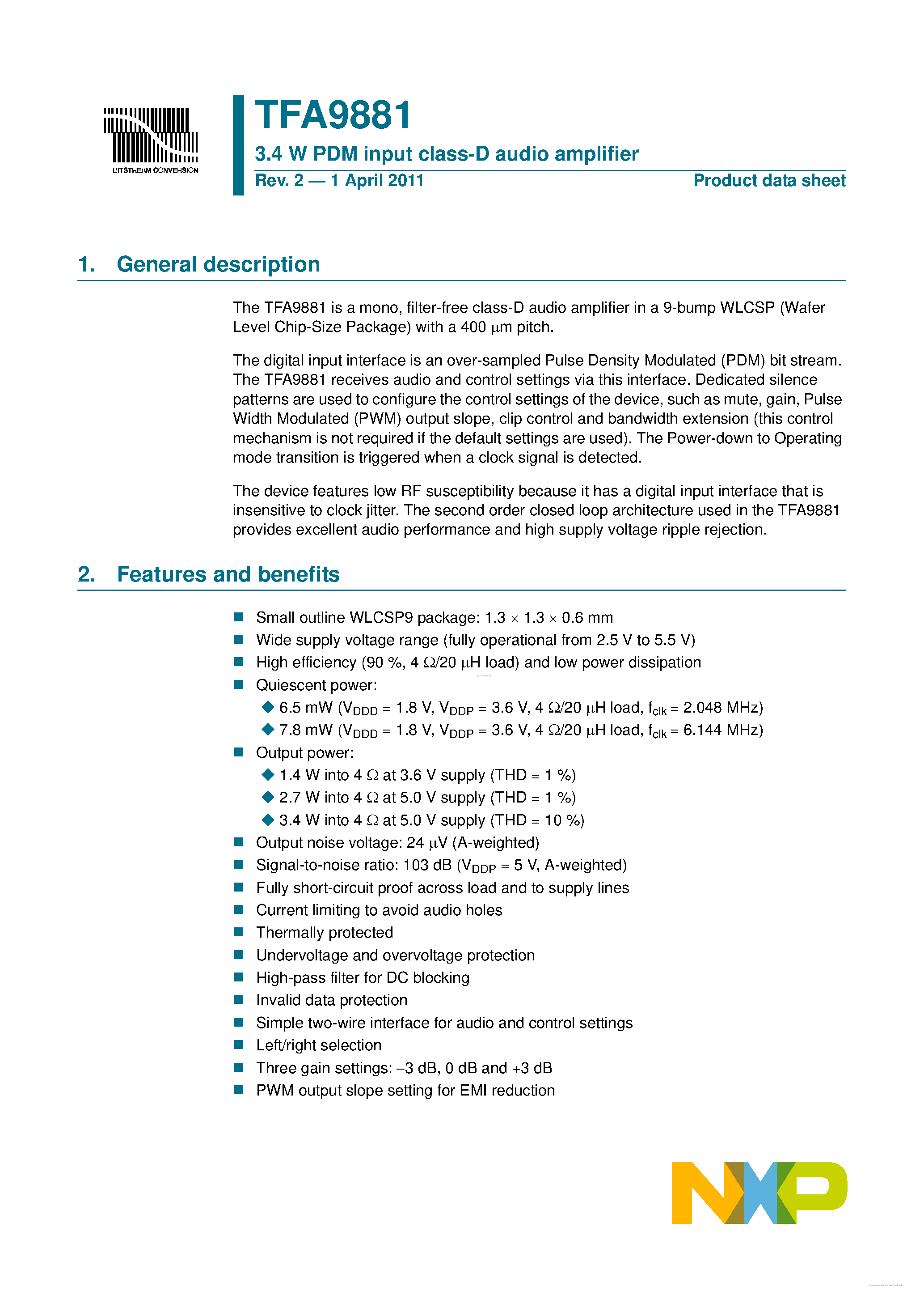 Datasheet TFA9881 - 3.4 W PDM input class-D audio amplifier page 1