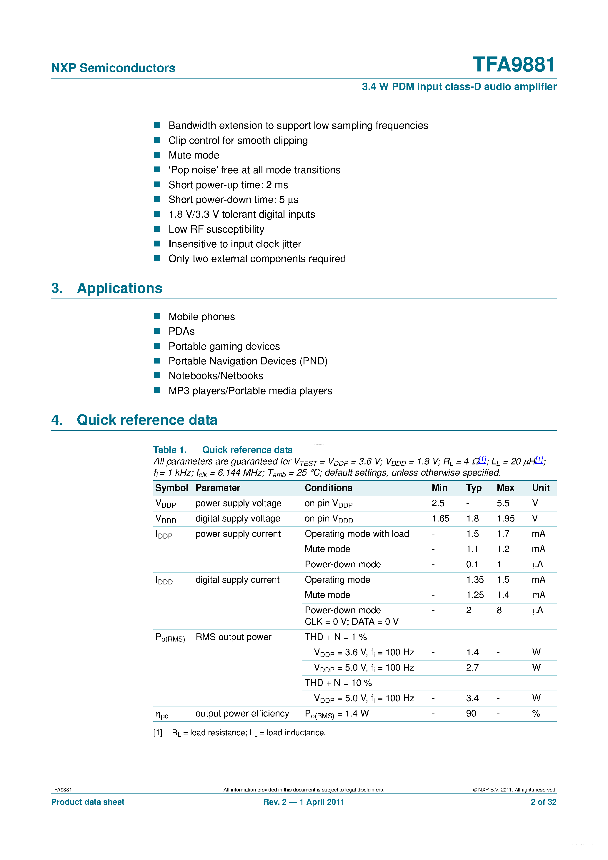 Datasheet TFA9881 - 3.4 W PDM input class-D audio amplifier page 2