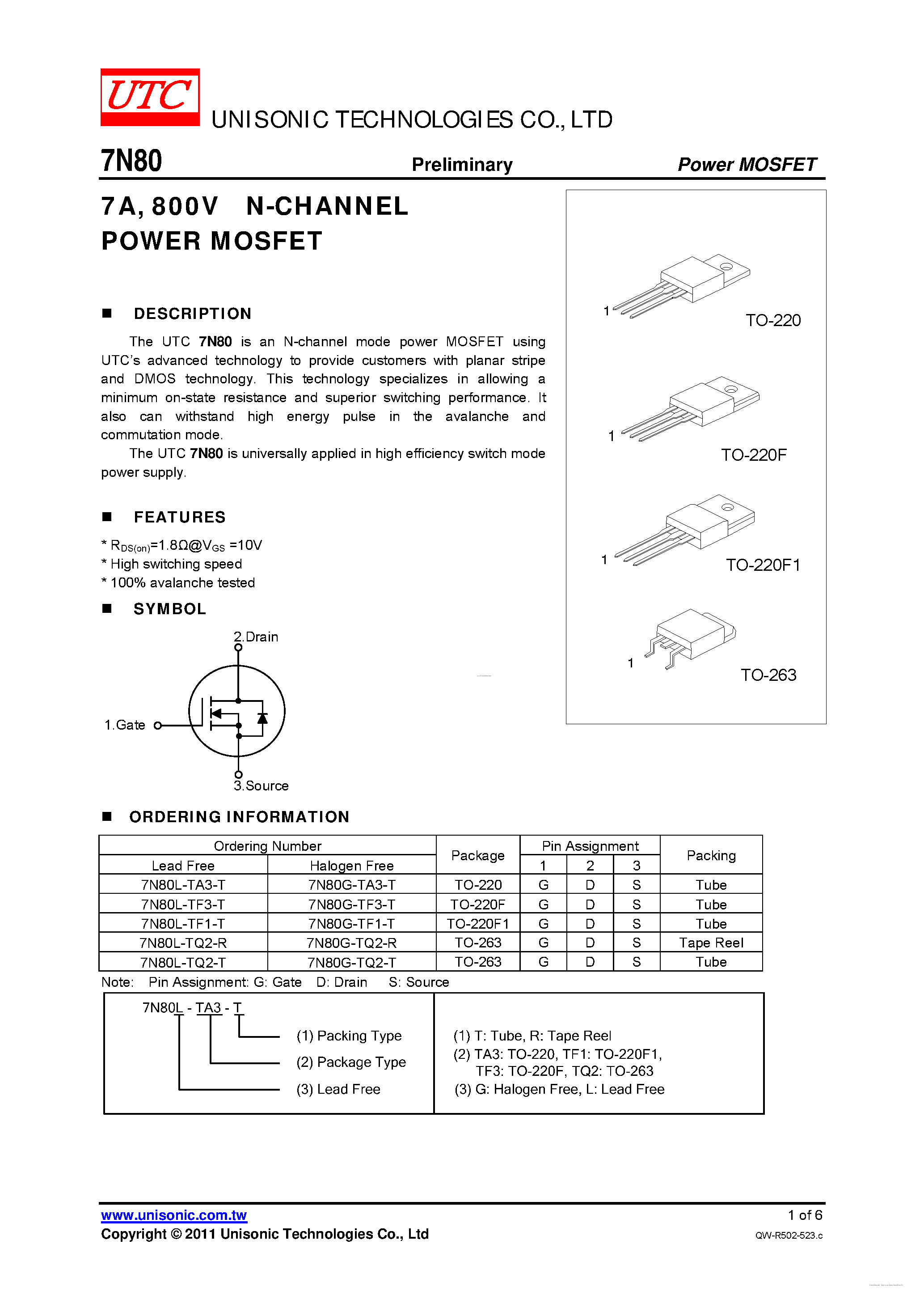 Даташит 7N80 - 800V N-CHANNEL POWER MOSFET страница 1