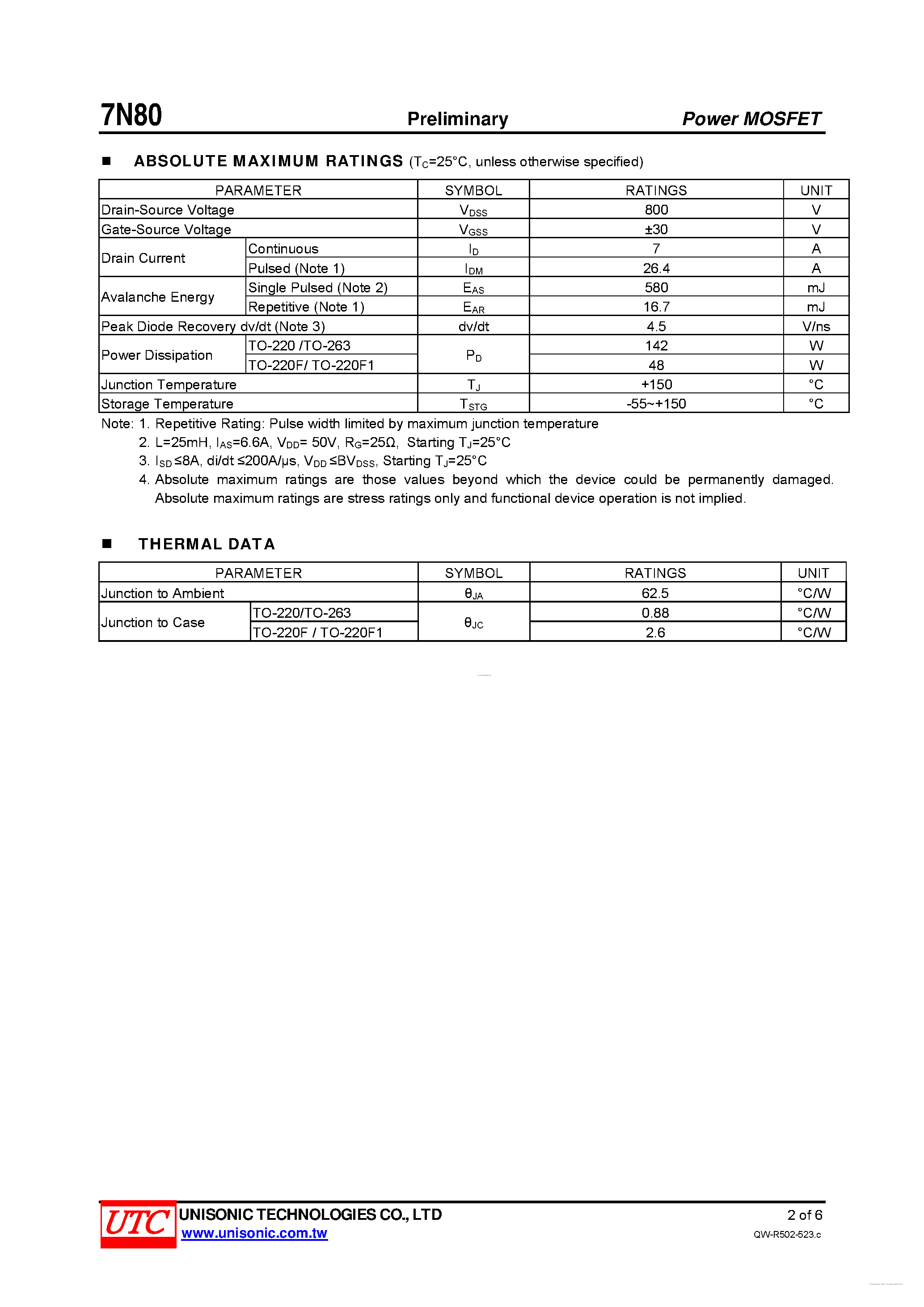 Даташит 7N80 - 800V N-CHANNEL POWER MOSFET страница 2