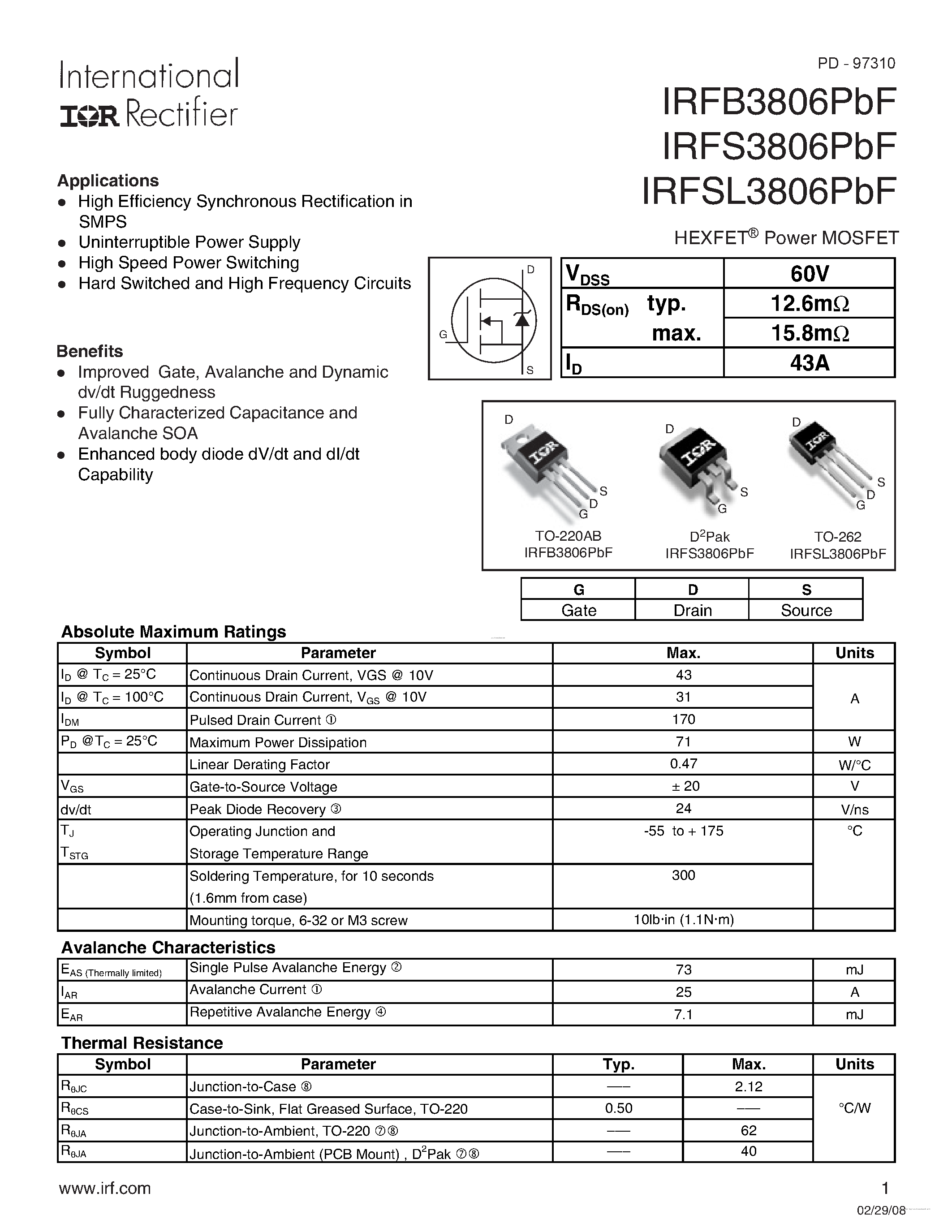 Datasheet IRFB3806PBF - page 1