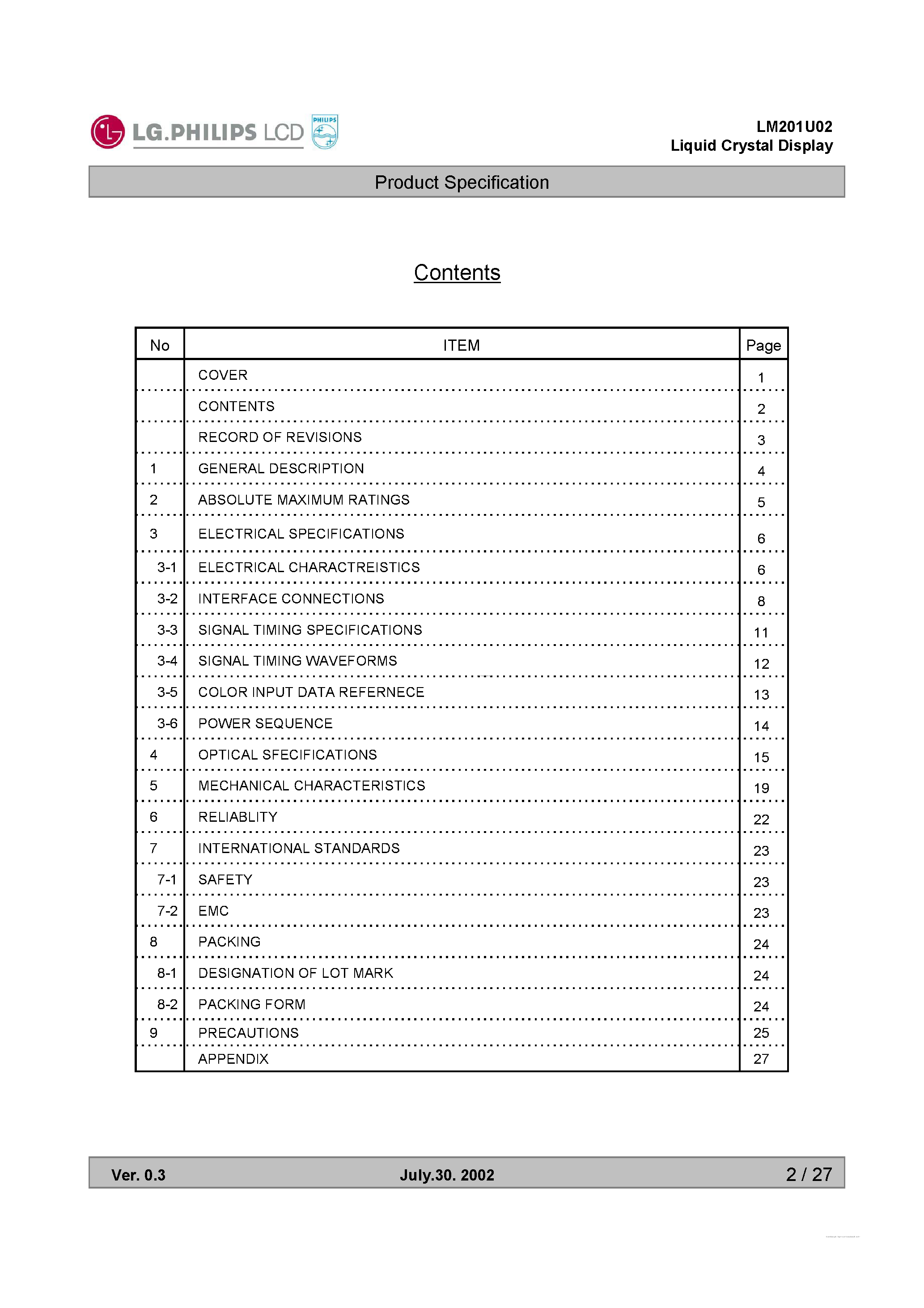 Datasheet LM201U02-A3C3 - Liquid Crystal Display page 2