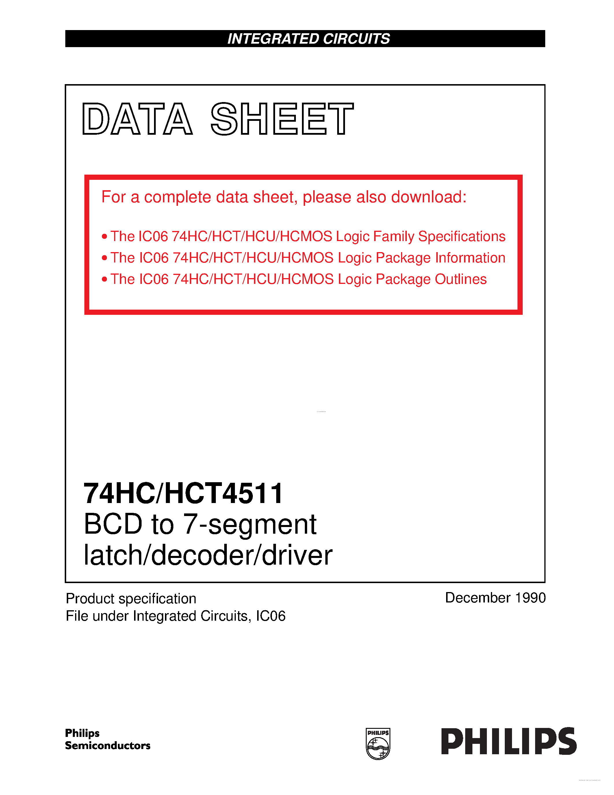 Datasheet 74HC4511 - BCD to 7-segment latch/decoder/driver page 1