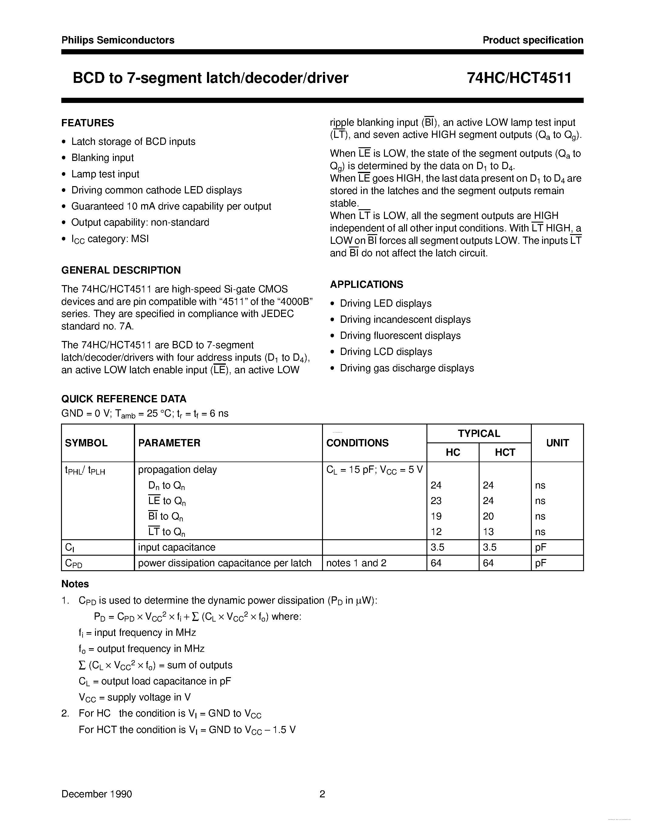 Datasheet 74HC4511 - BCD to 7-segment latch/decoder/driver page 2