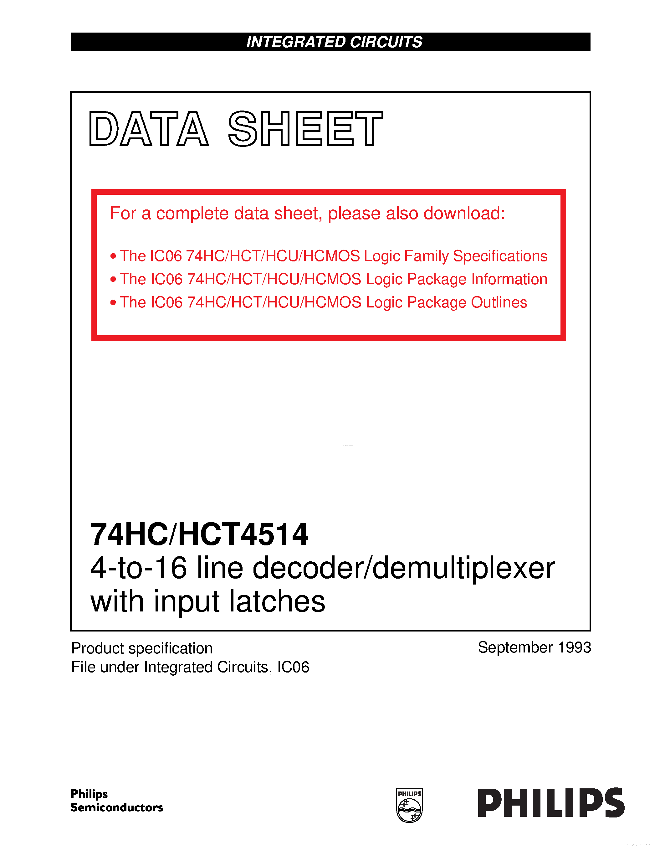 Datasheet 74HC4514 - 4-to-16 line decoder/demultiplexer page 1