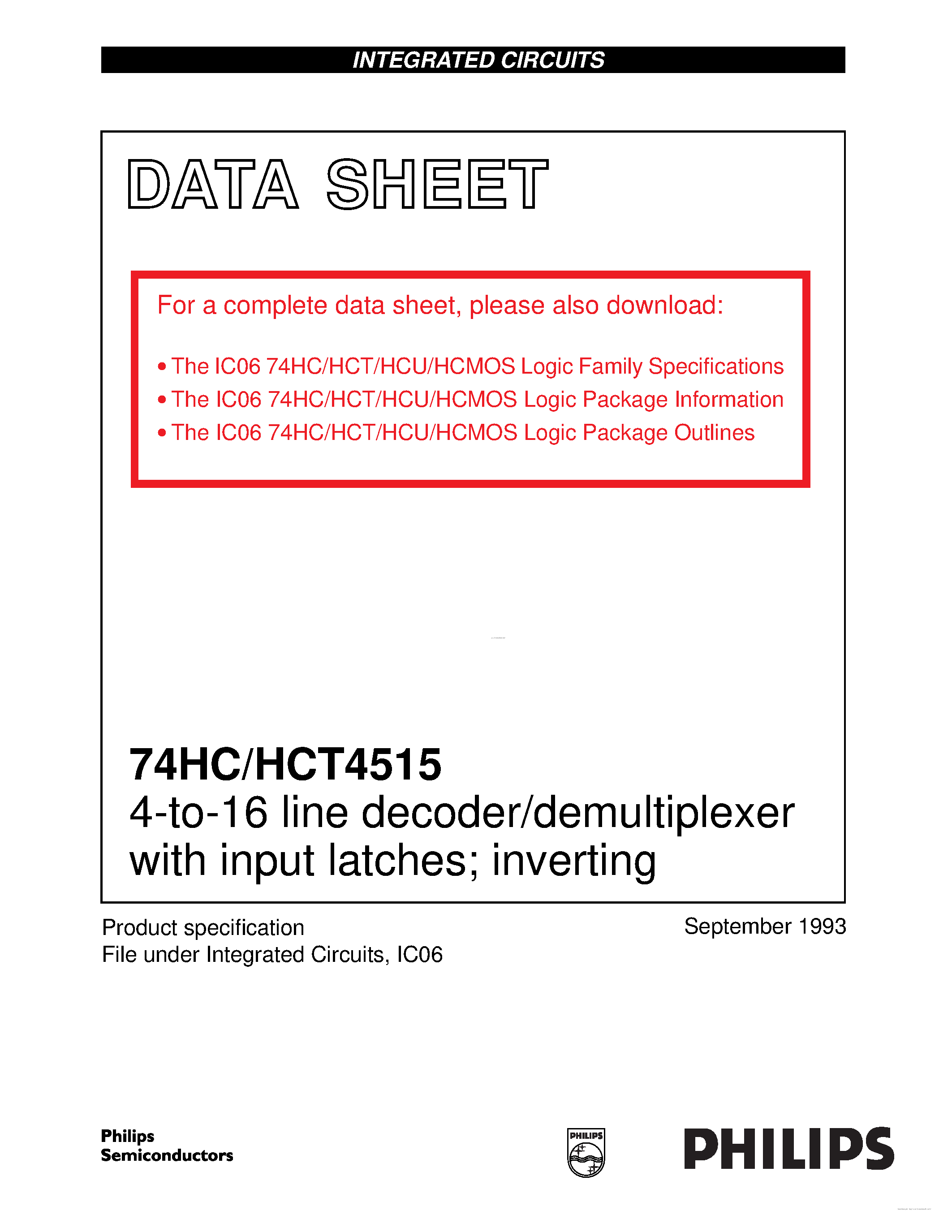 Datasheet 74HC4515 - 4-to-16 line decoder/demultiplexer page 1