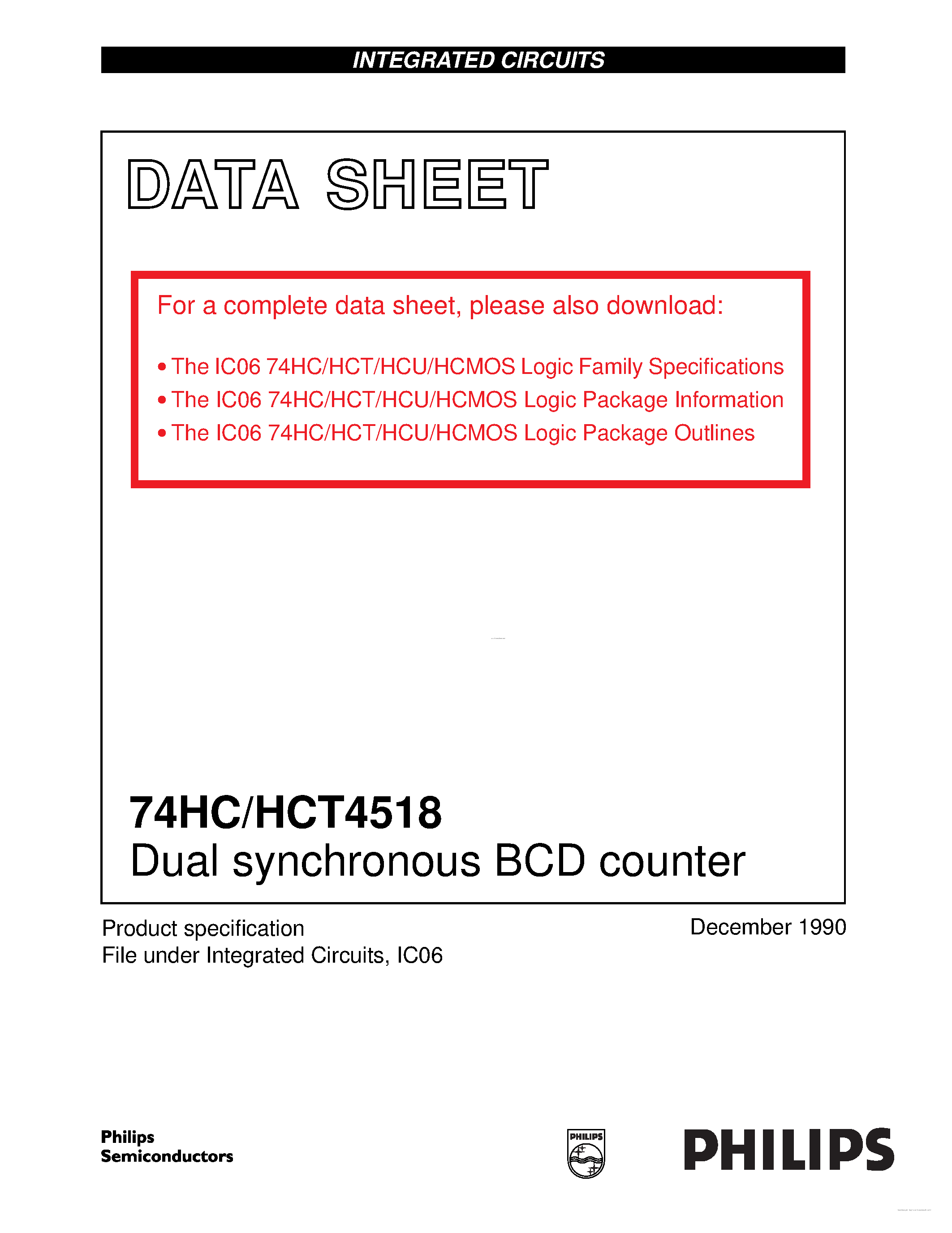 Datasheet 74HC4518 - Dual synchronous BCD counter page 1