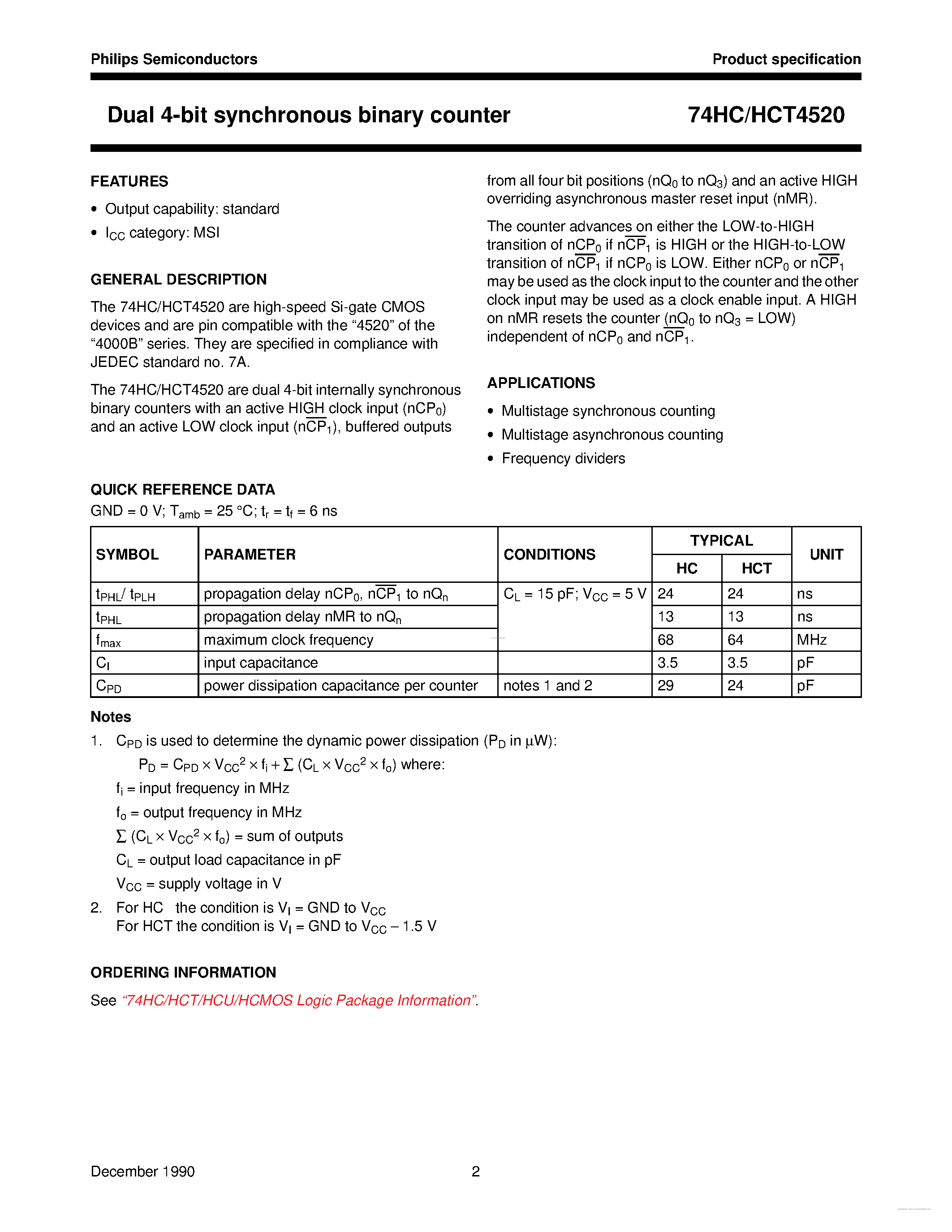 Datasheet 74HC4520 - Dual 4-Bit Synchronous Binary Counter page 2