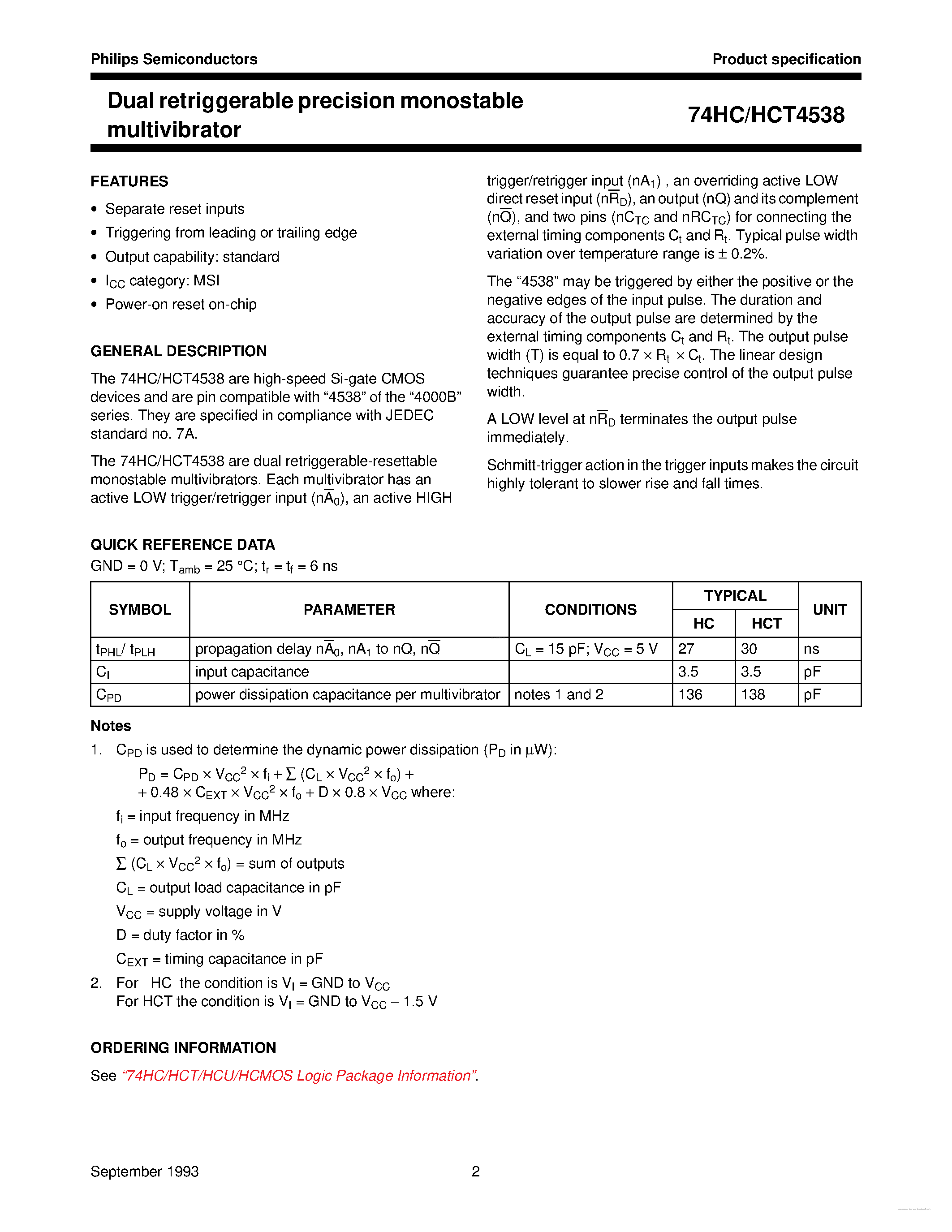 Datasheet 74HC4538 - Dual retriggerable precision monostable multivibrator page 2